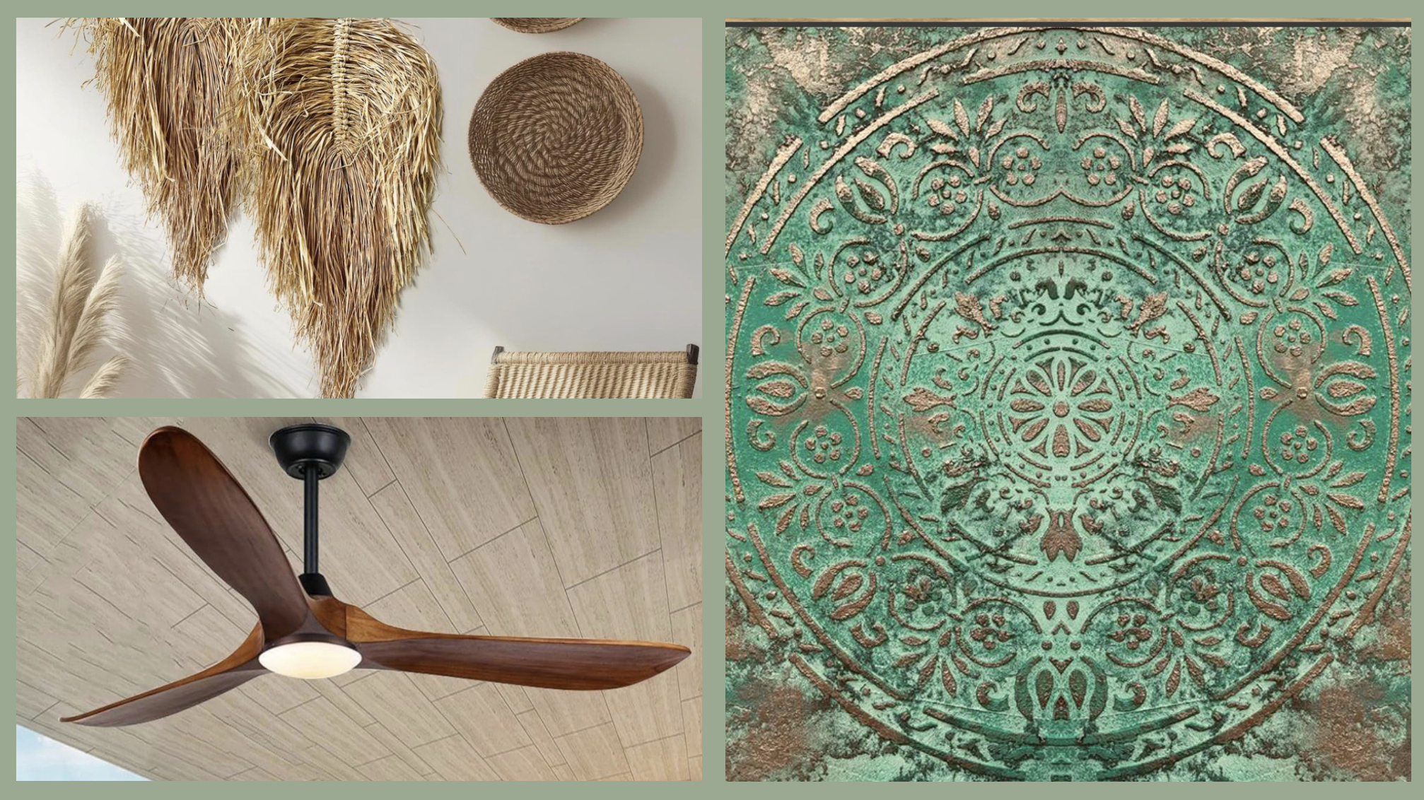 Decorative wall art with a dried grass hanging, woven baskets on a wall, a ceiling fan with wooden blades, and a circular ornate metal design with a green patina.