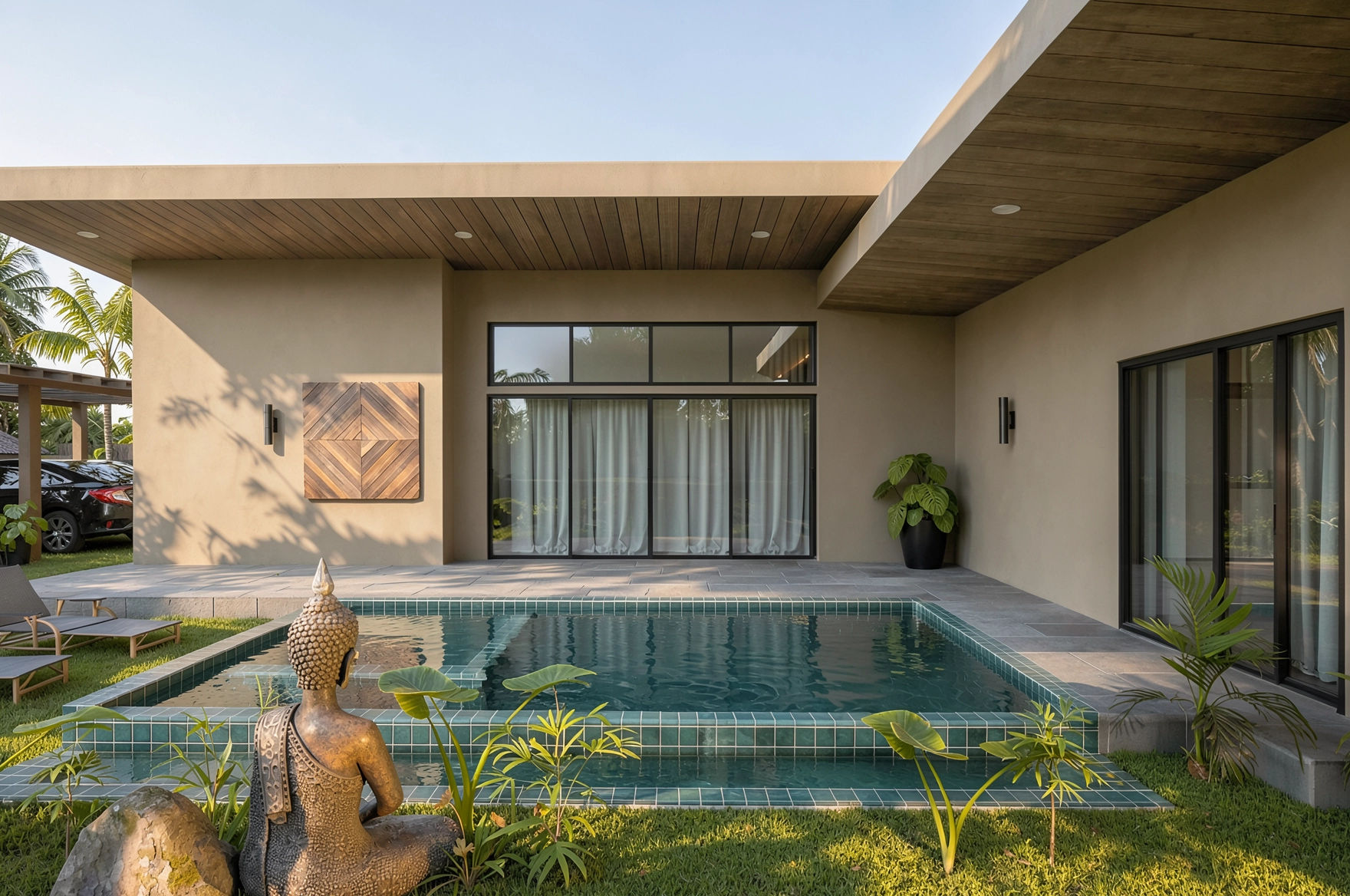 Modern backyard with a swimming pool, Buddha statue, potted plant, and outdoor furniture under a covered patio area.