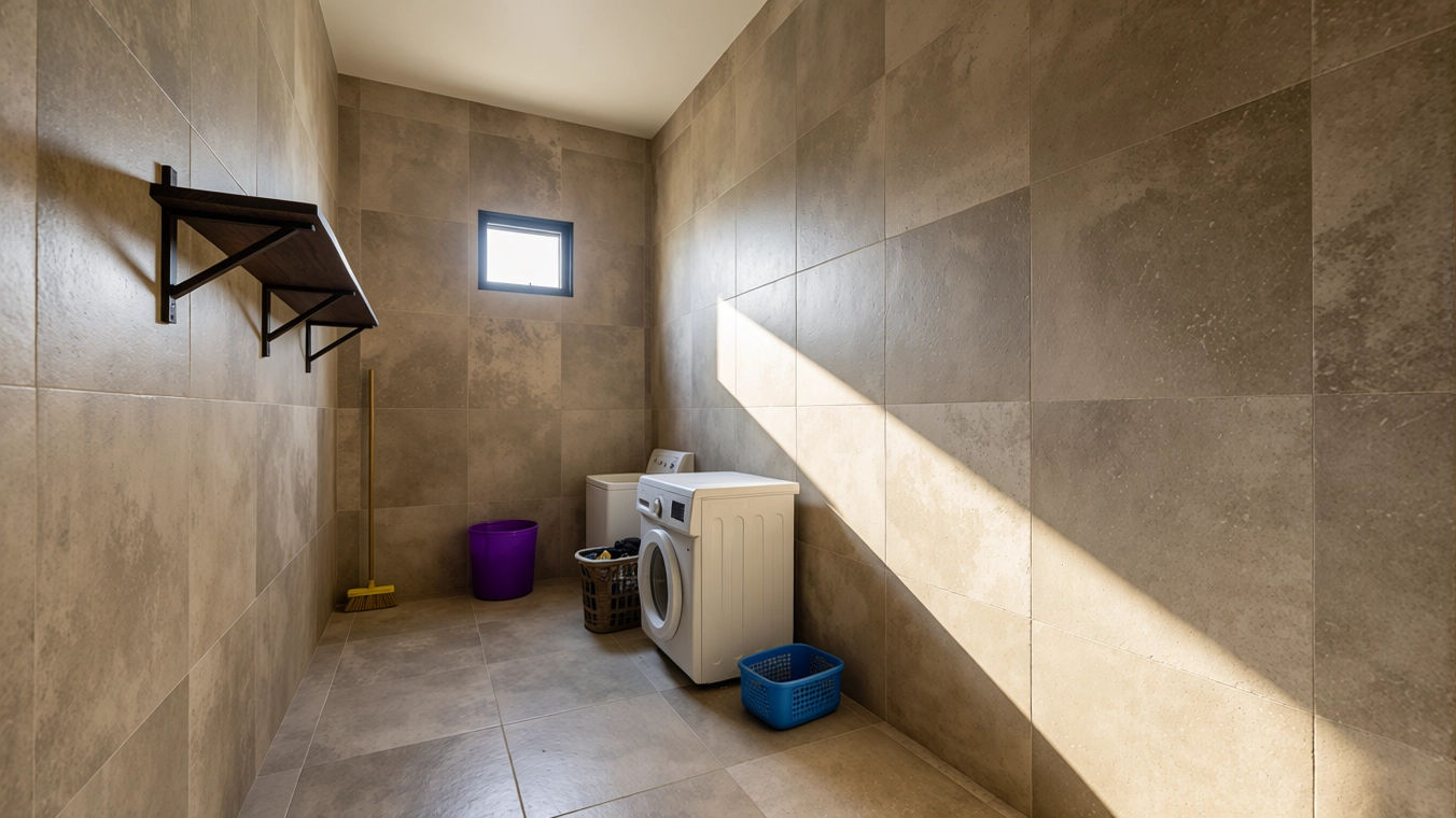 A laundry room with beige tiled walls and floor, featuring a small window, a washing machine, a laundry basket, and cleaning supplies.