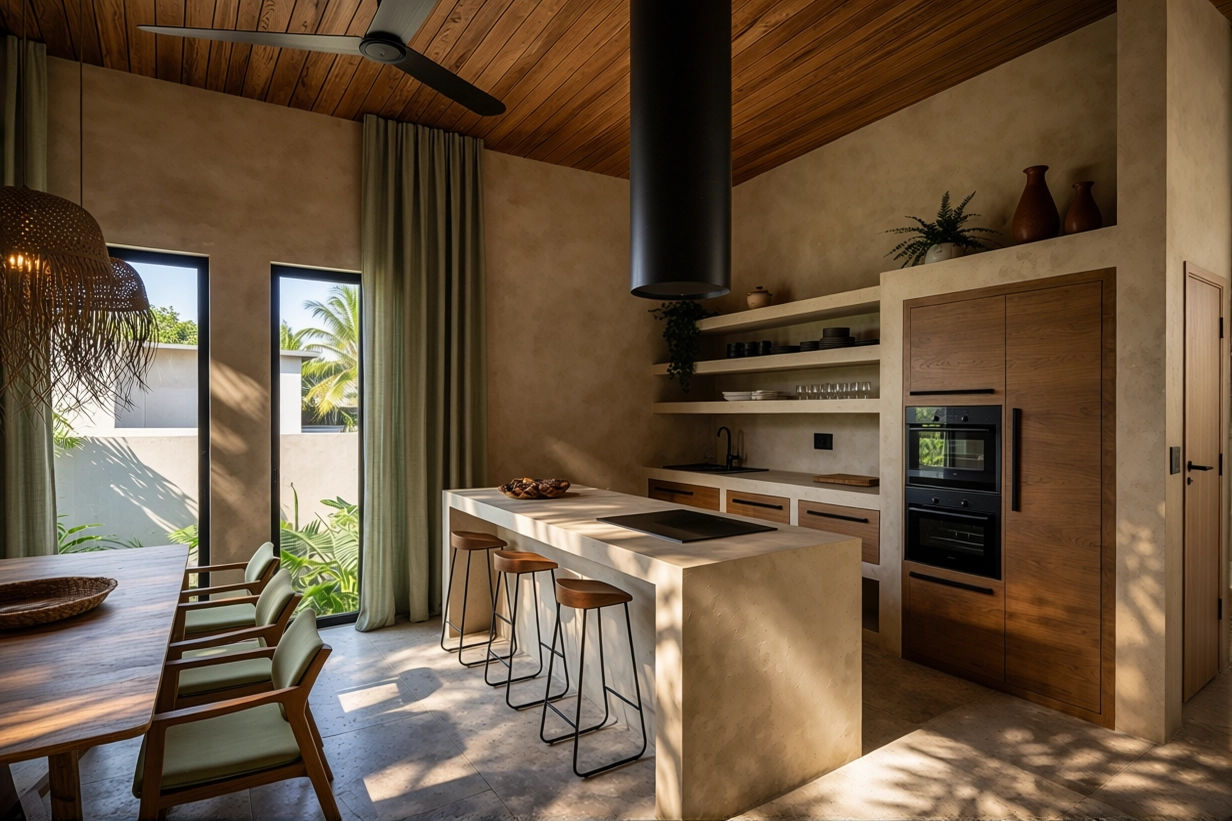 Modern kitchen with a wooden ceiling, open shelves, built-in double oven, and a kitchen island with bar stools near large windows with green curtains.