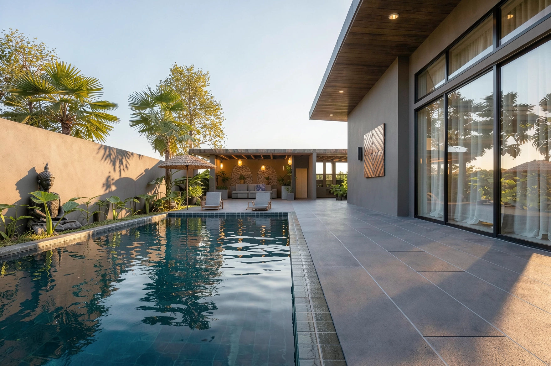 Modern backyard featuring a swimming pool, lounge chairs, a shaded seating area, lush plants, and large glass doors reflecting trees, under a clear sky.