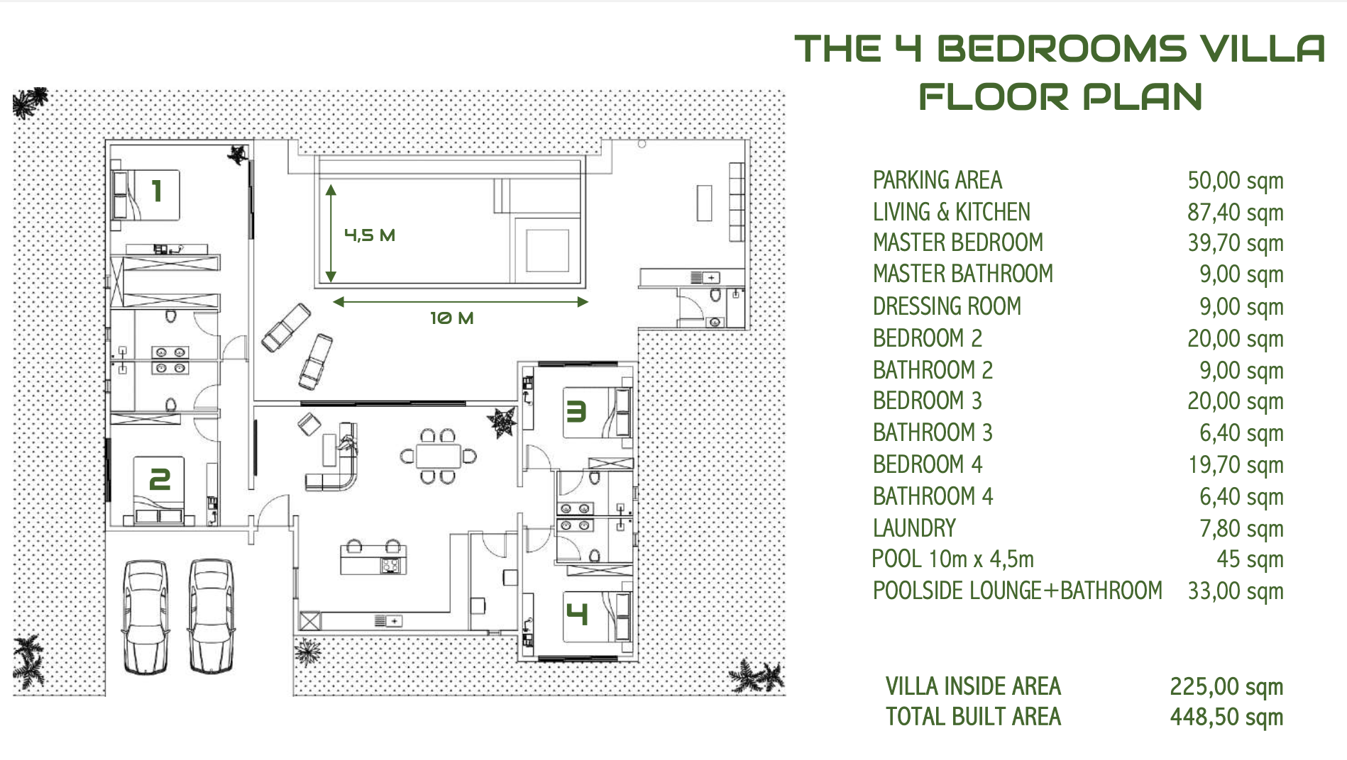 Floor plan layout of a four-bedroom villa with labeled areas and measurements, alongside a list of room sizes and features.