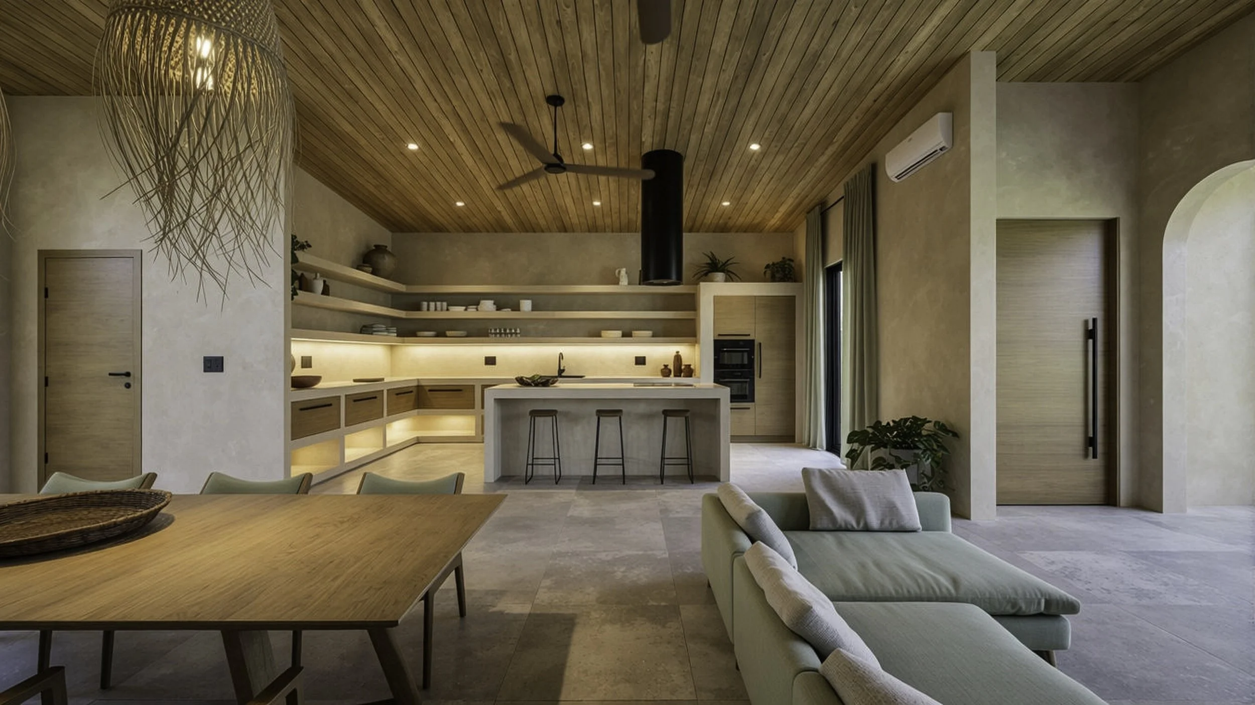 Open-concept kitchen and living area with wooden ceiling and beige walls, featuring a kitchen island with three stools, open shelves with dishes, a built-in oven, and a dining table with chairs.