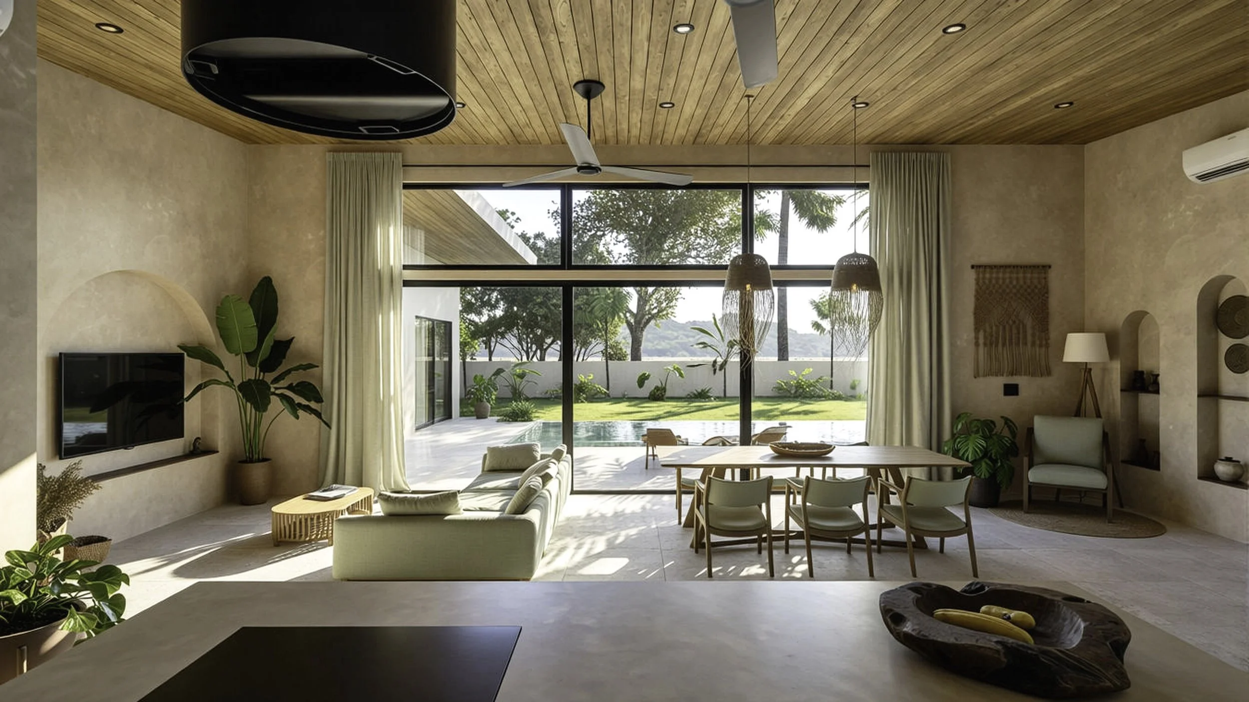 Living room with beige walls, wooden ceiling, large floor-to-ceiling window with view of outdoor pool and garden, modern furniture including a green sofa, dining table with six chairs, potted plants, wall-mounted television, and decorative lighting f