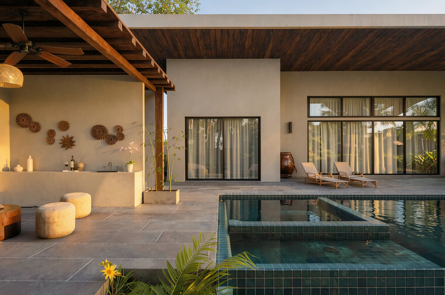 Modern backyard with a swimming pool, lounge chairs, sliding glass doors, potted plants, and outdoor decor in warm evening light.