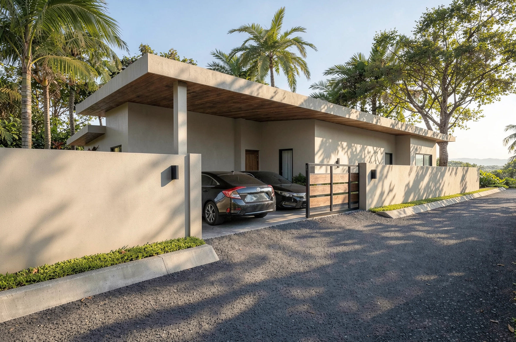 Modern house with a driveway and two parked cars, surrounded by palm trees and lush greenery, under a clear blue sky.