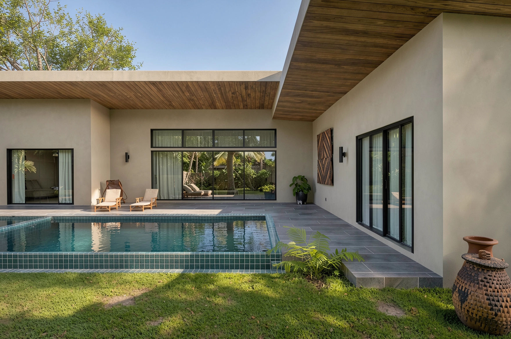 Modern house with a backyard pool, glass doors, outdoor chairs, potted plants, and a wooden overhang.