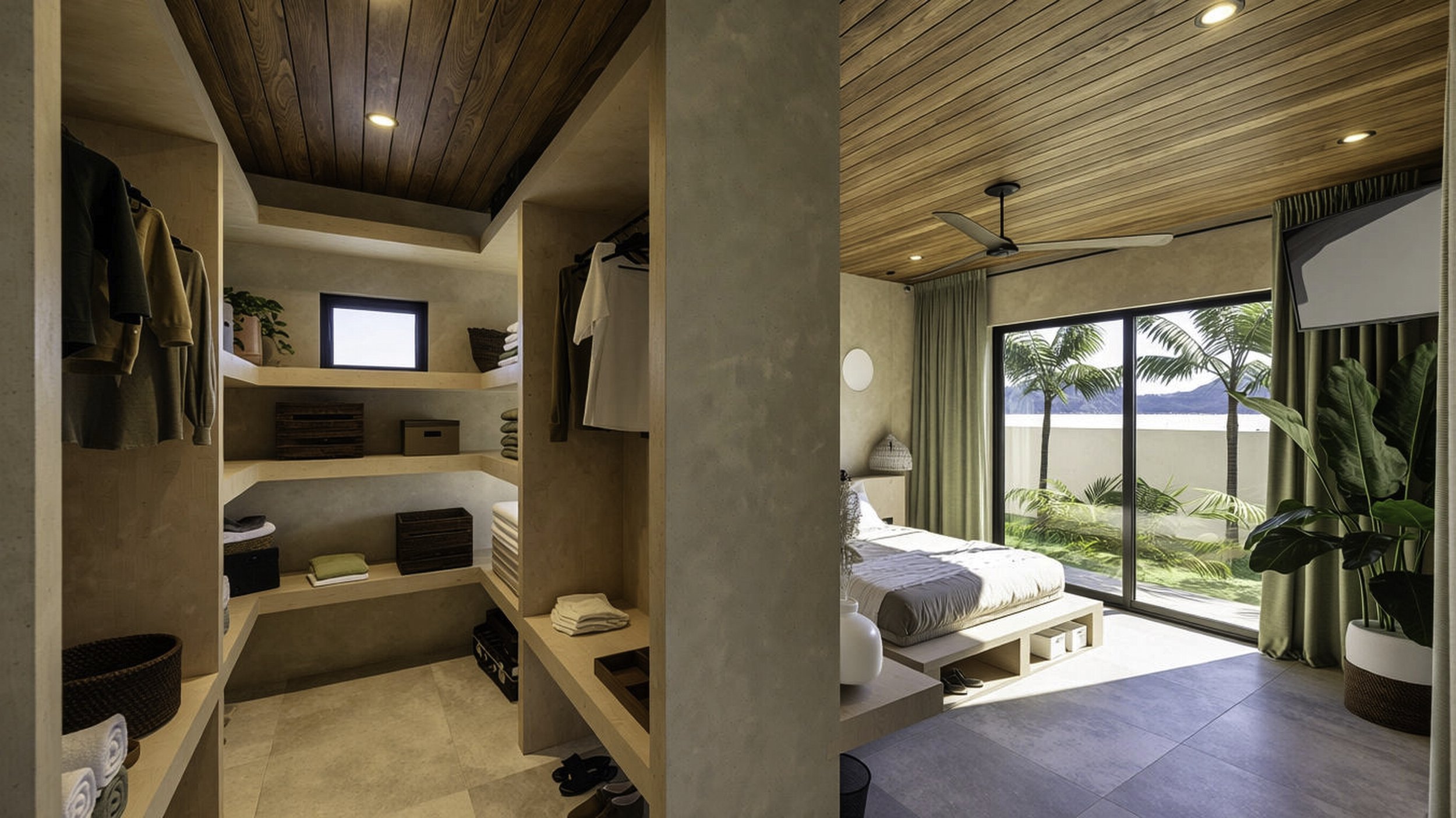 Interior view of a bedroom with a walk-in closet on the left and a bedroom on the right. The closet has open shelves with folded clothes, shoes, and storage boxes. The bedroom features a bed with white linens, large sliding glass doors with green cur