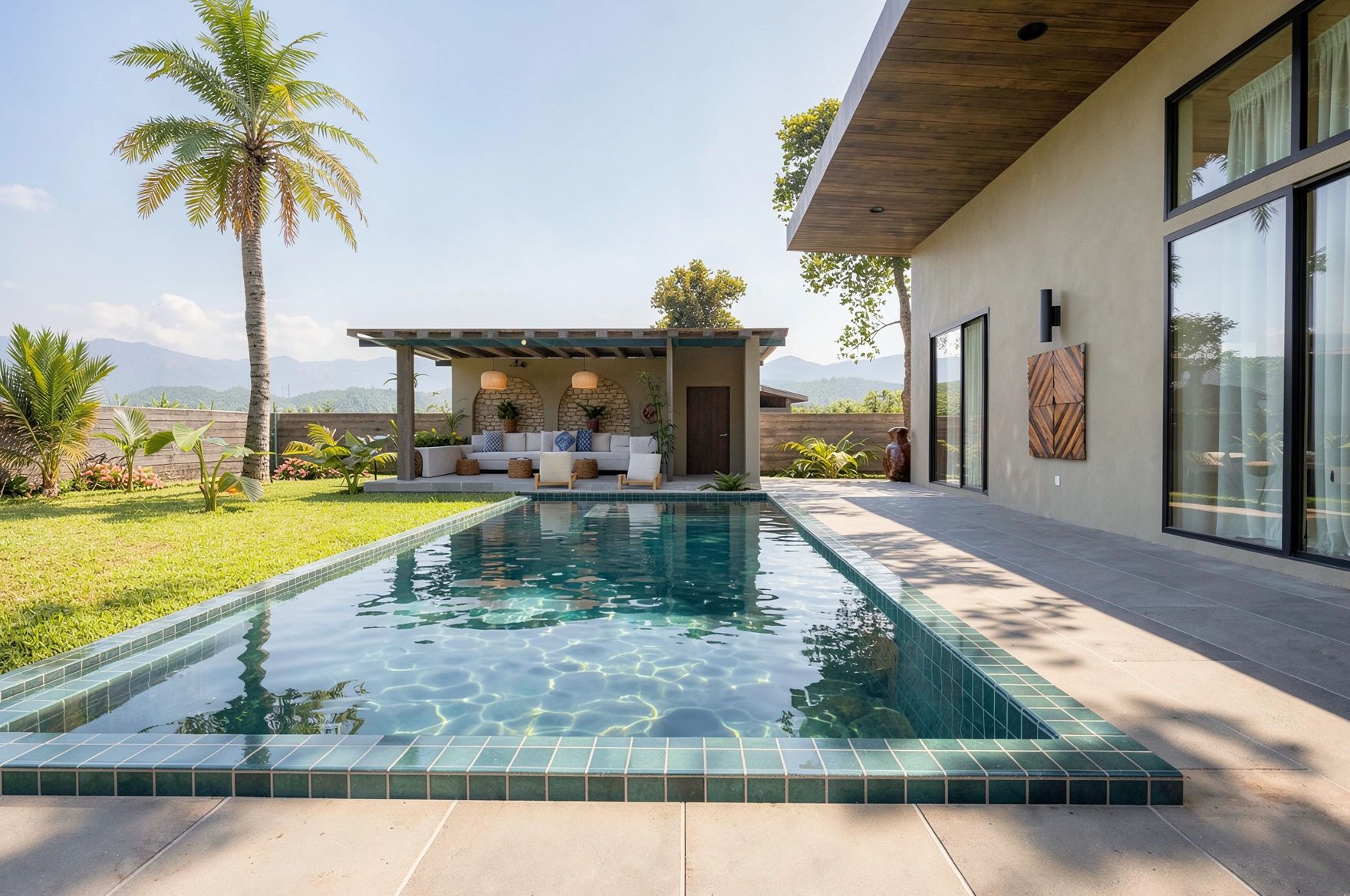 Modern backyard with a swimming pool, patio, and outdoor seating area, surrounded by palm trees and mountain views.
