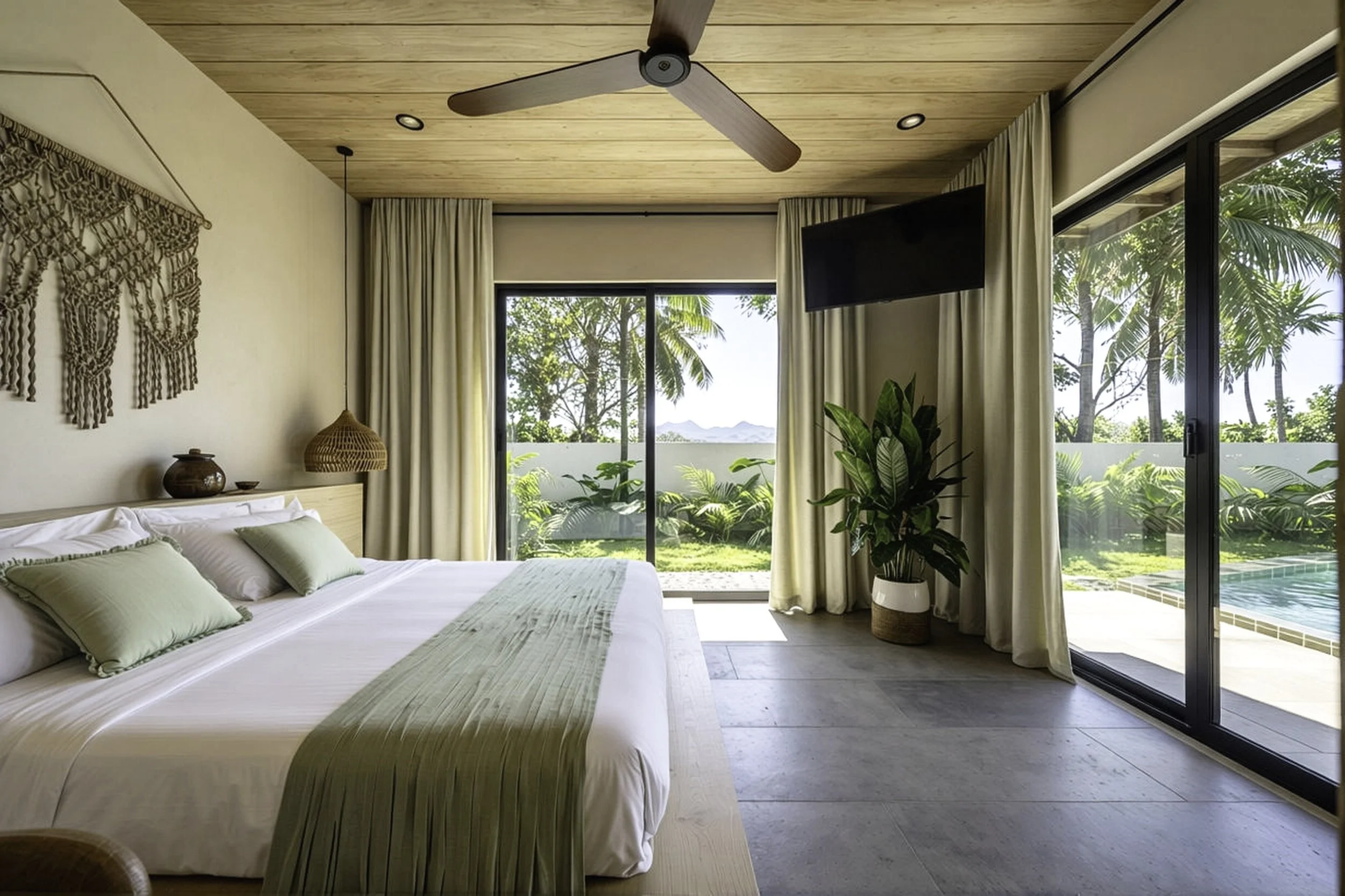 A modern bedroom with large sliding glass doors opening to a lush outdoor area with trees and a pool. The room has light-colored curtains, a wooden ceiling fan, a potted plant, and a wall hanging above the bed.