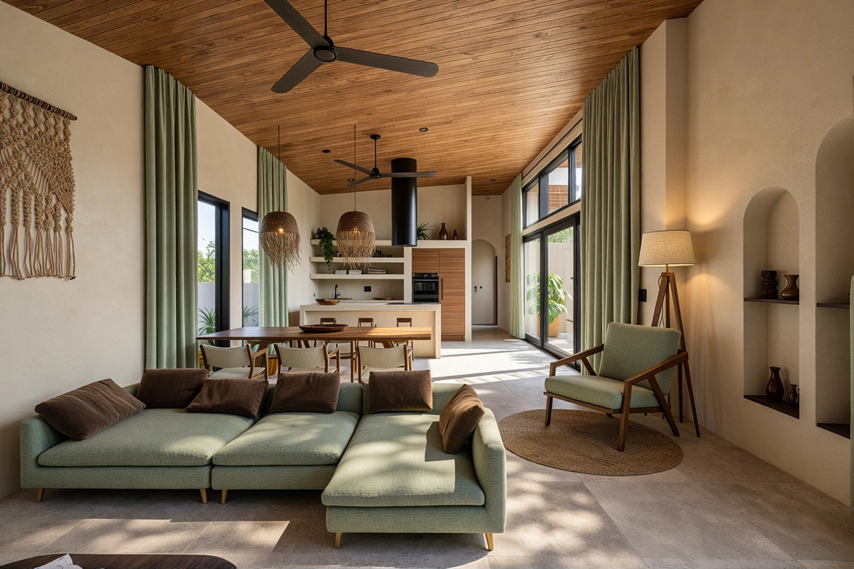 Living room with a pale green sectional sofa with brown pillows, a matching armchair, a wooden dining table with chairs, large sliding glass doors, green curtains, a wooden ceiling with ceiling fans, a lamp, and a kitchen area in the background.