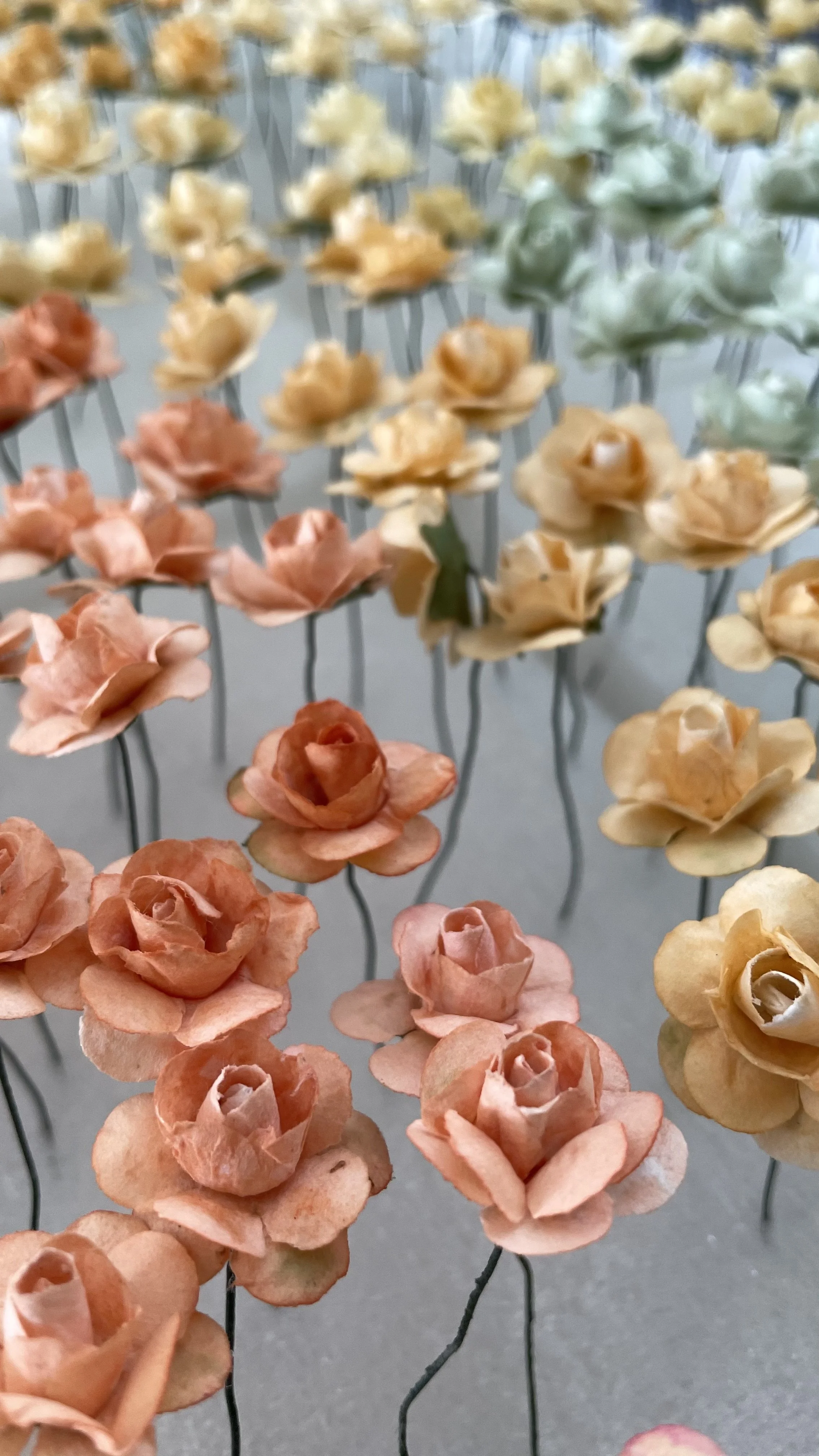 Skulpturen aus Papier in Form von Blumen in verschiedenen Farben, auf Drahtstelen angebracht, auf einer glatten Oberfläche.