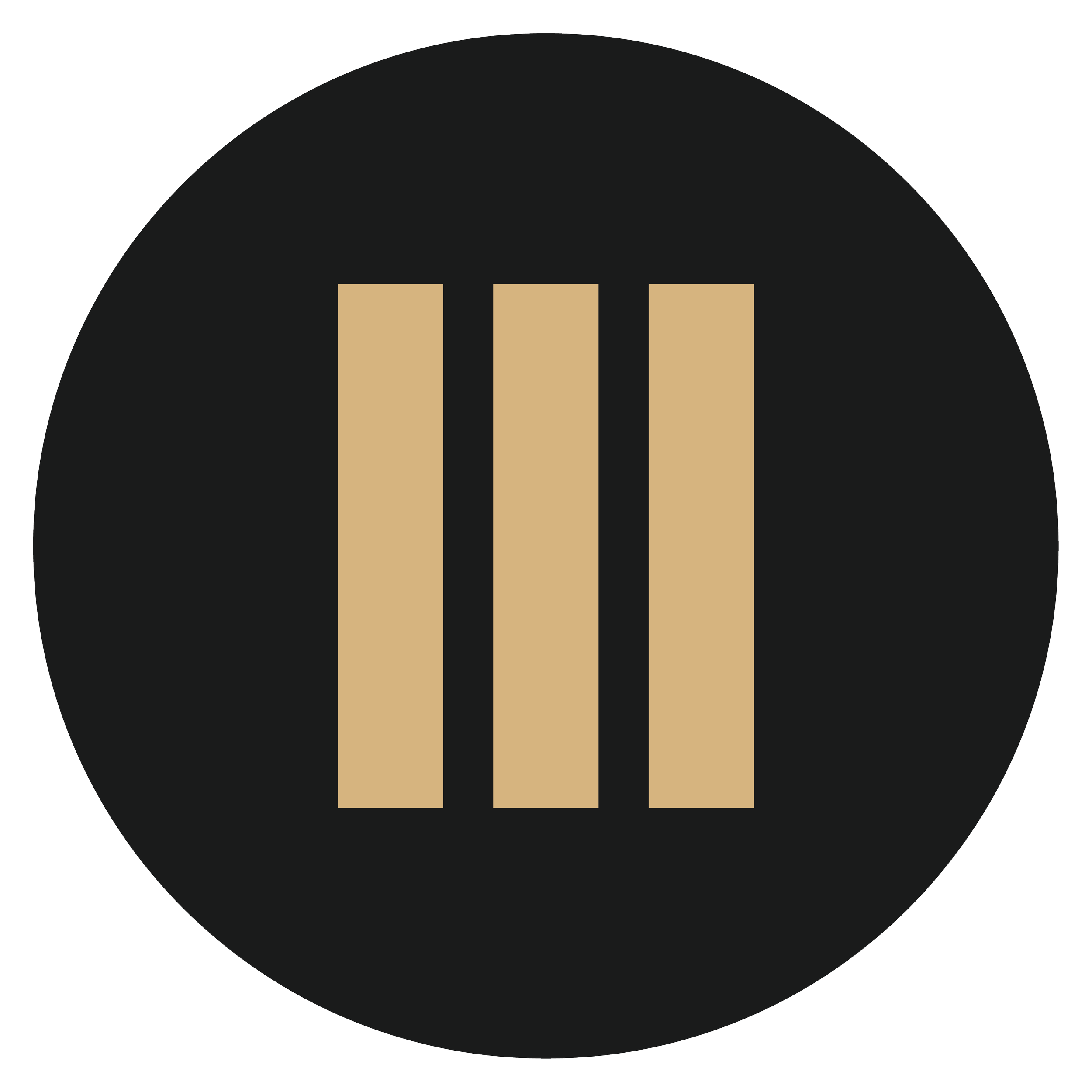 David Lloyd Cricket Coaching icon with three vertical beige bars signifying cricket stumps, on a black circular background.