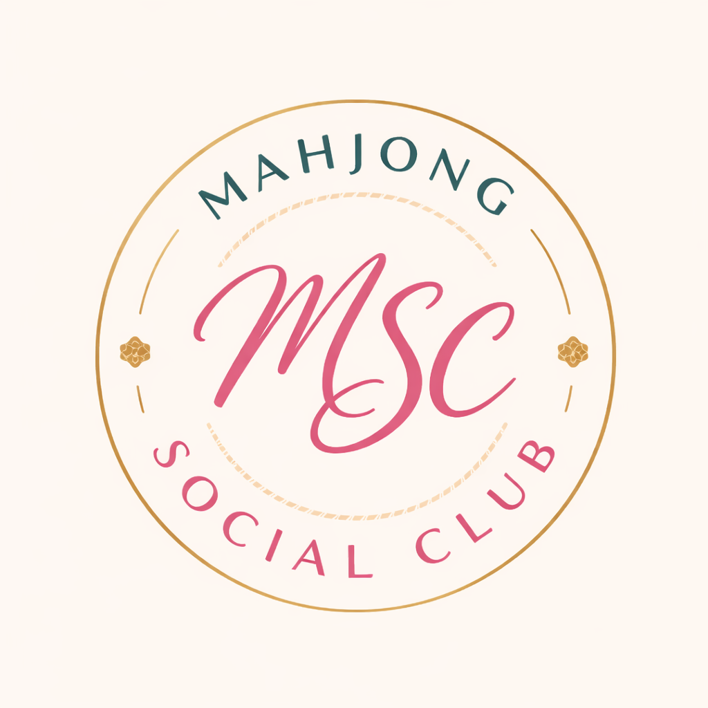 A circular logo with gold, pink, and teal elements for Mahjong Social Club. The logo features the initials 'MSC' in the center with the words 'Mahjong Social Club' around the outer ring.