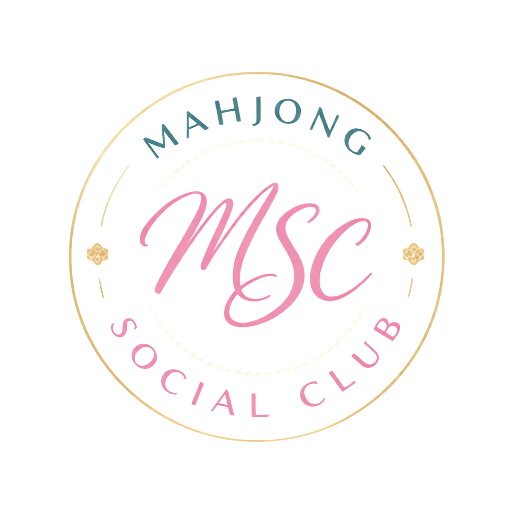 Logo of Mahjong Social Club with pink 'MSC' in the center, encircled by the words 'Mahjong Social Club' in teal and pink, with small decorative gold accents.