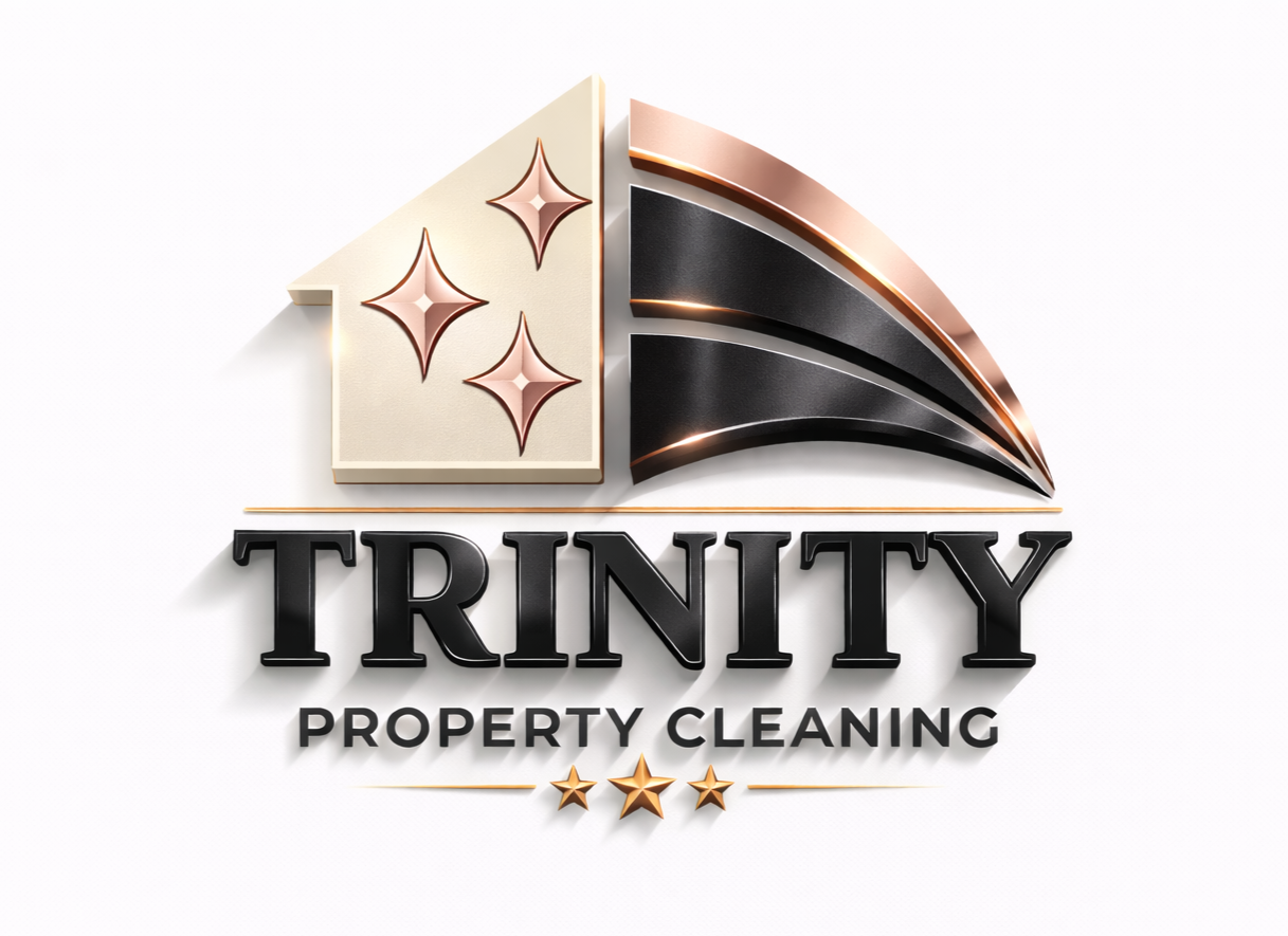 Logo for Trinity Property Cleaning featuring a house icon with stars and black and copper colors.