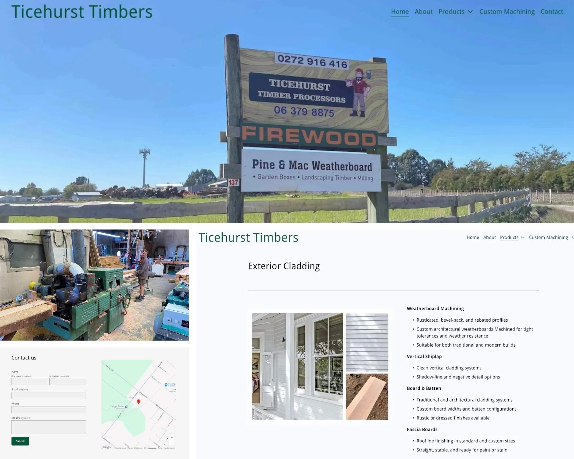 A website screenshot for Ticehurst Timbers showcasing different services and products including timber processing, weatherboard, exterior cladding, vertical shiplap, fascia boards, and board & batten, with an outdoor landscape and a sign displaying contact information.