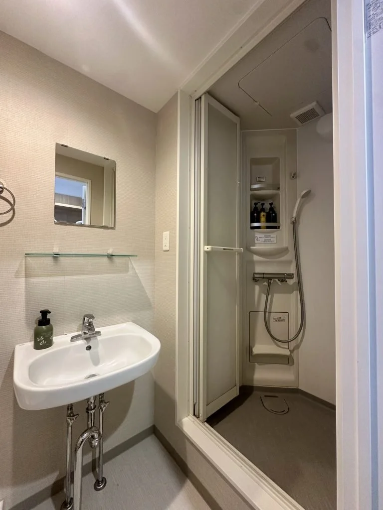 A small bathroom with a wall-mounted sink, a mirror, and a soap dispenser, adjacent to a compact shower stall with a sliding door, showerhead, and shelves.