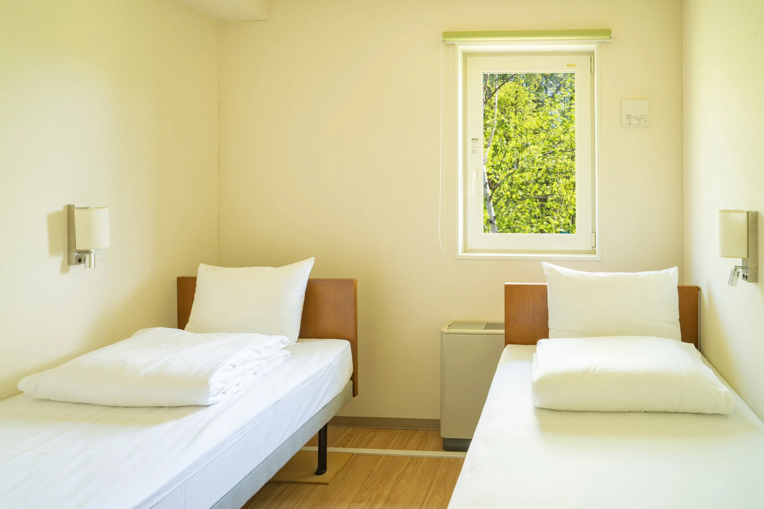 A hotel room with two single beds, each with white bedding and pillows, a window with a view of green trees, and wall-mounted lamps above the beds.