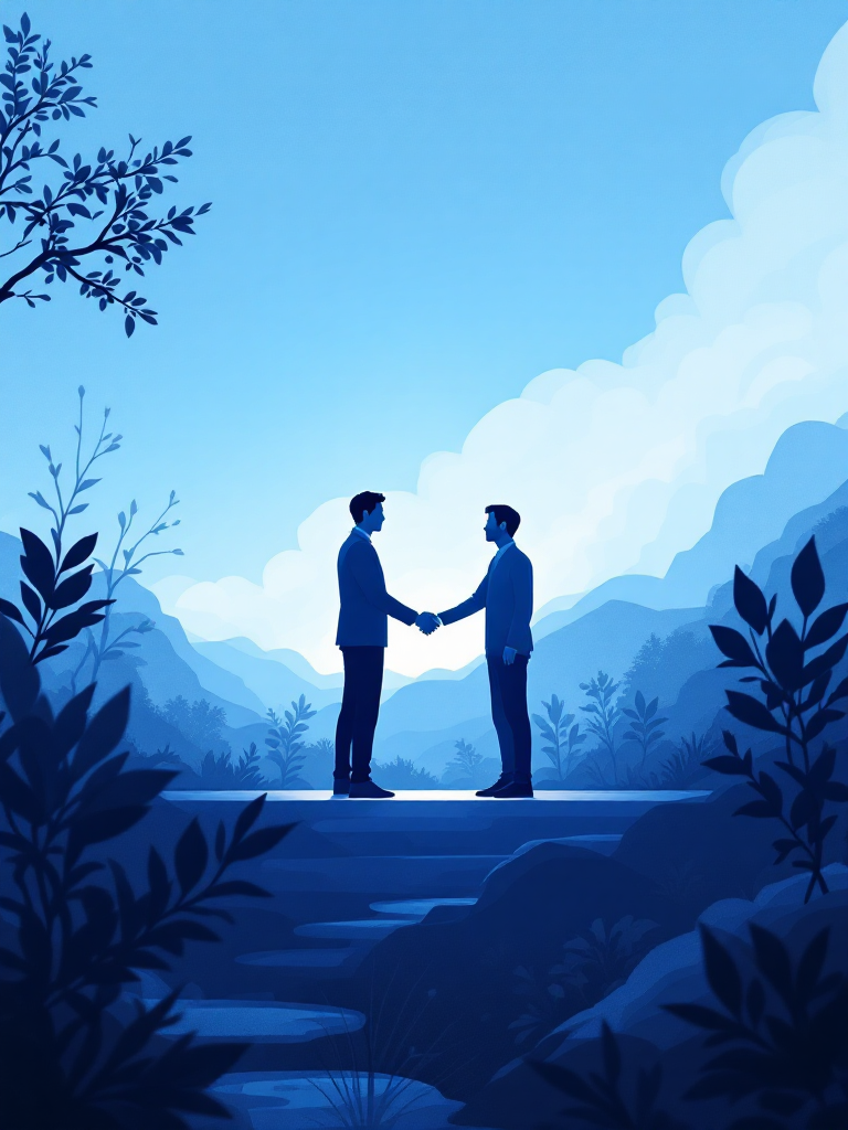 Two men in suits shaking hands on a pathway surrounded by plants, with mountains and clouds in the background, depicted in shades of blue.