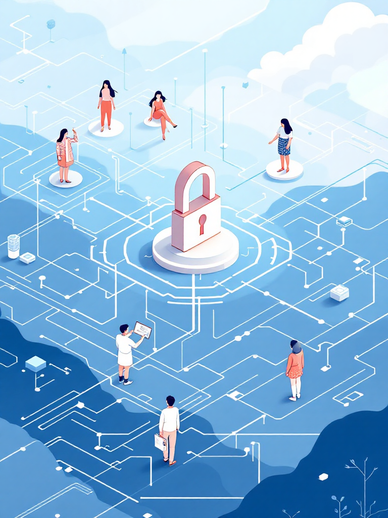 Illustration of people standing on a digital network landscape with a large padlock symbol at the center, symbolizing cybersecurity or digital security.