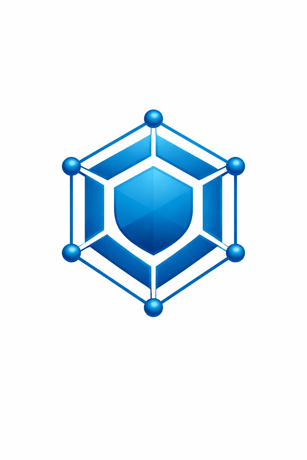A blue shield inside a 3D geometric frame resembling a cube, with lines and spheres at the vertices, representing cybersecurity or protection.