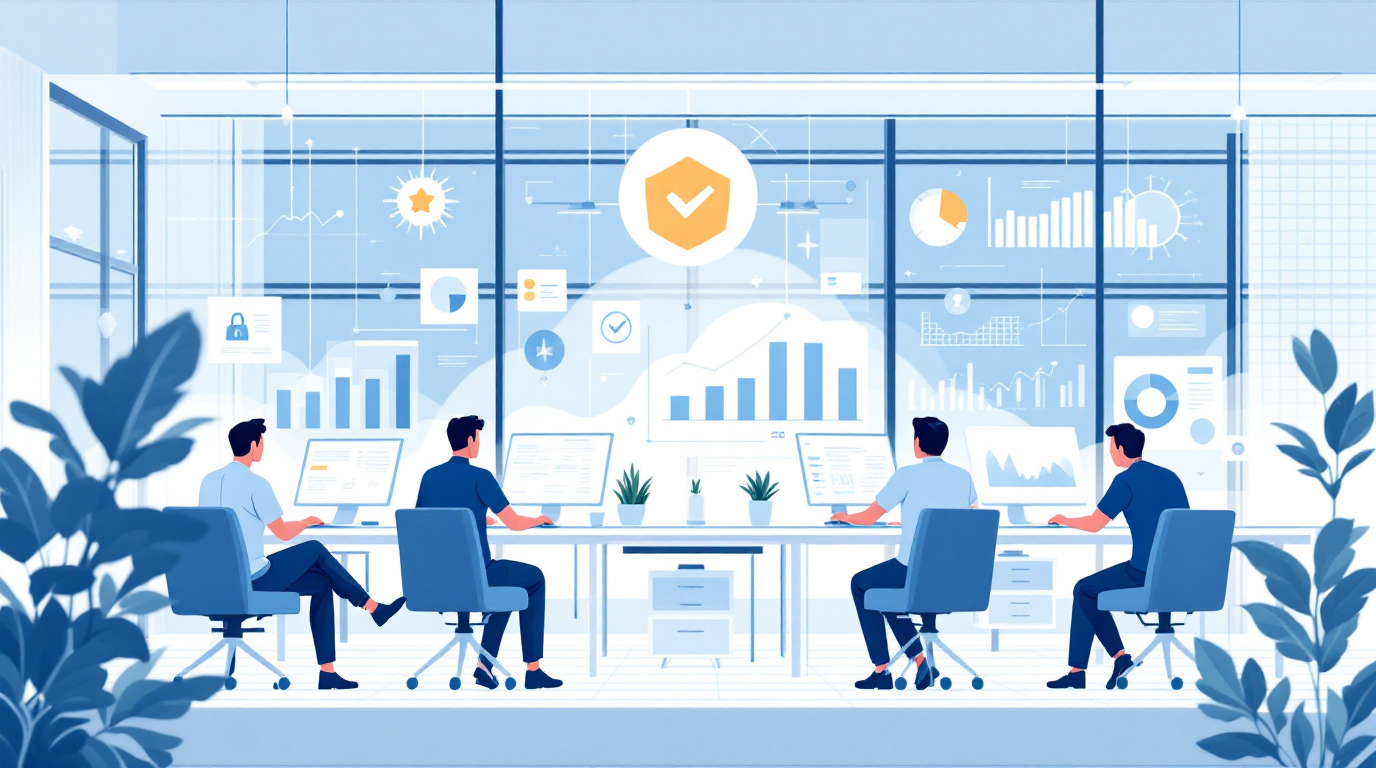 Four men working at desks with computers in a modern office, analyzing data and charts displayed on screens and in the background, with plants in the foreground and large windows showing graphs and icons on a blue and white backdrop.