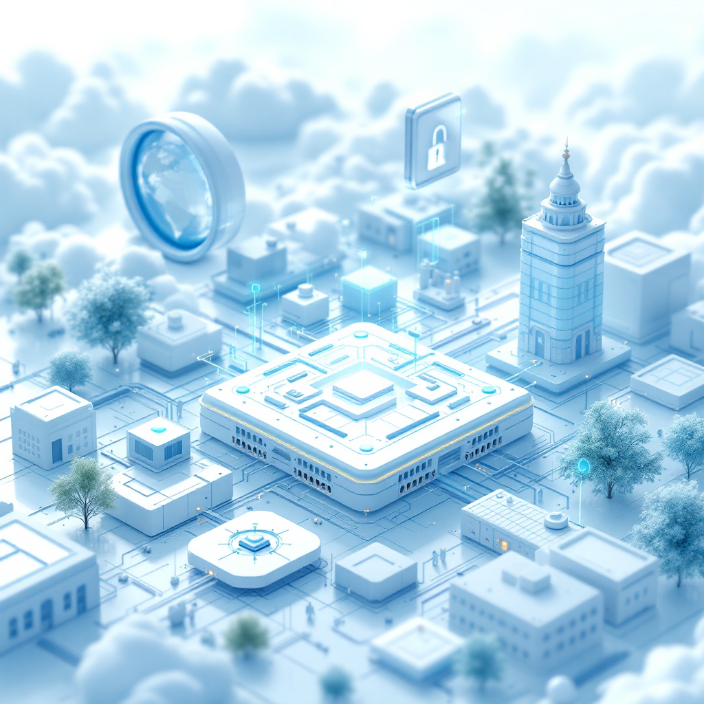 A digital illustration of a futuristic city with cloud background, featuring a central tech hub, tall skyscraper, and floating icons of a magnifying glass and lock, representing technology and security.