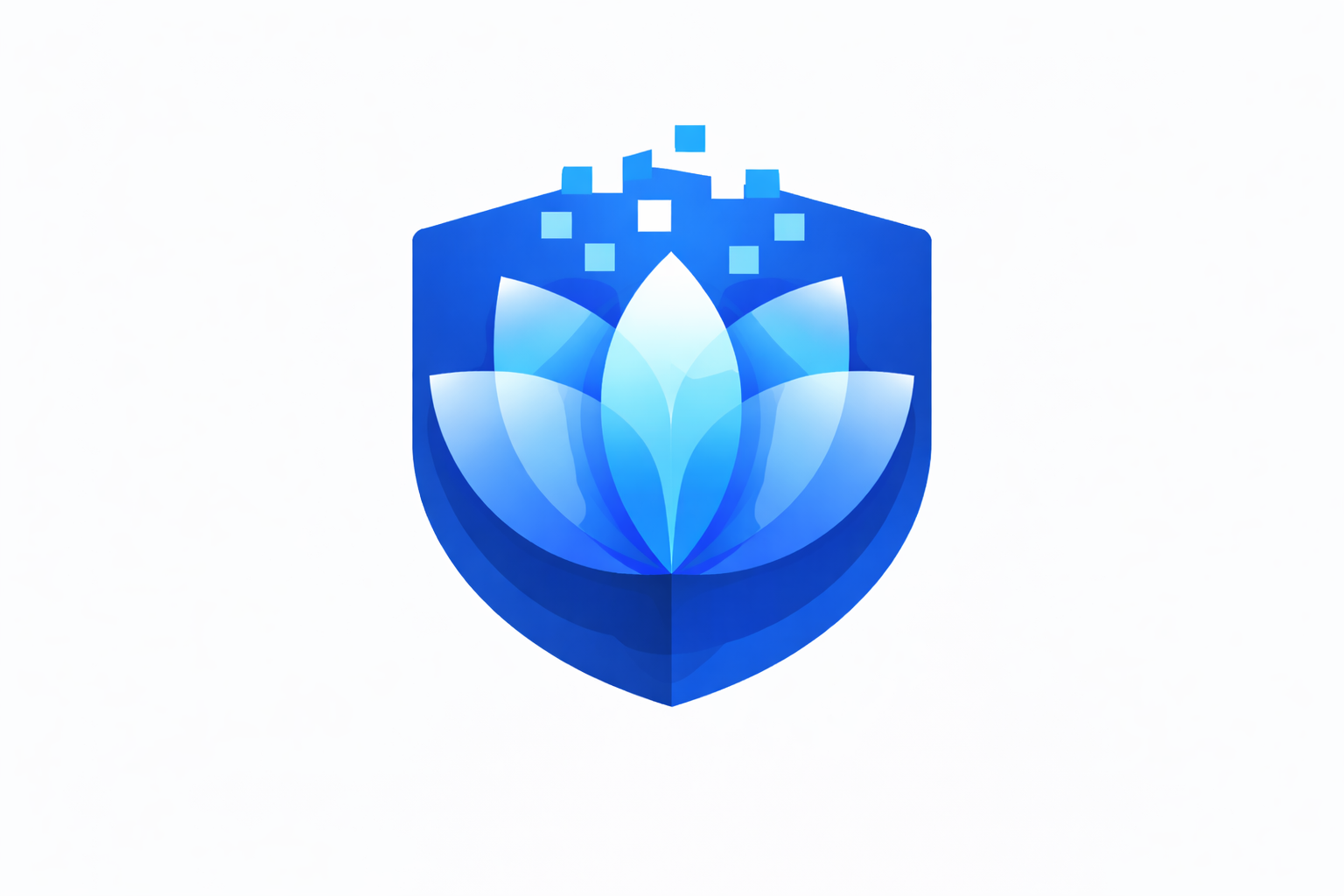 Blue shield emblem with a stylized lotus flower and digital pixel elements above it.
