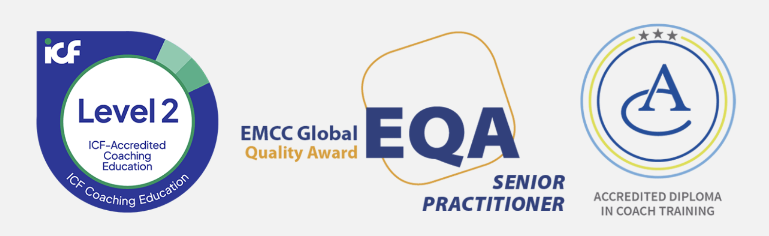 Certifications and awards related to coaching education, including Level 2 ICF coaching, EMCC Global Quality Award, Senior Practitioner EQAs, and an accredited coach training diploma.