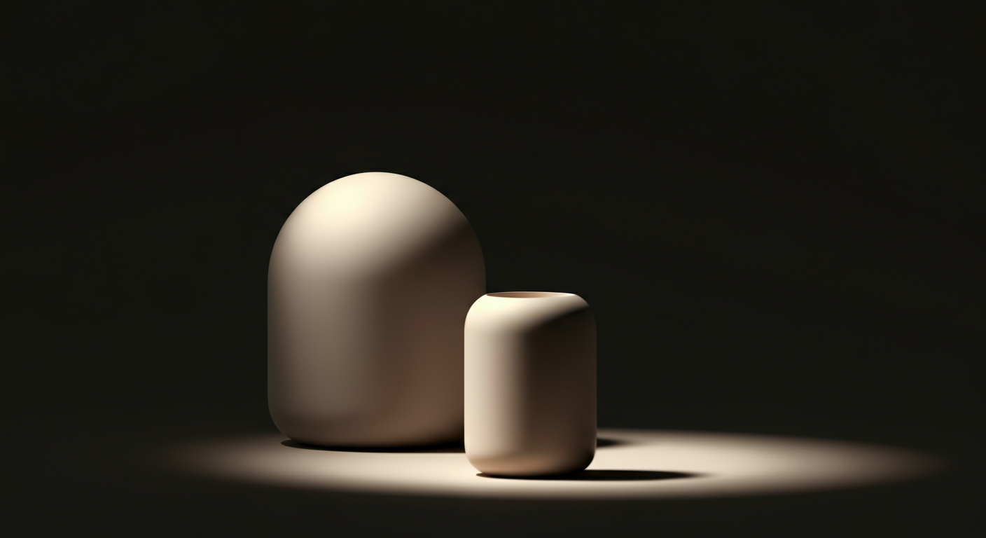 Two smooth, beige, abstract sculptural objects on a dark background, illuminated from above.