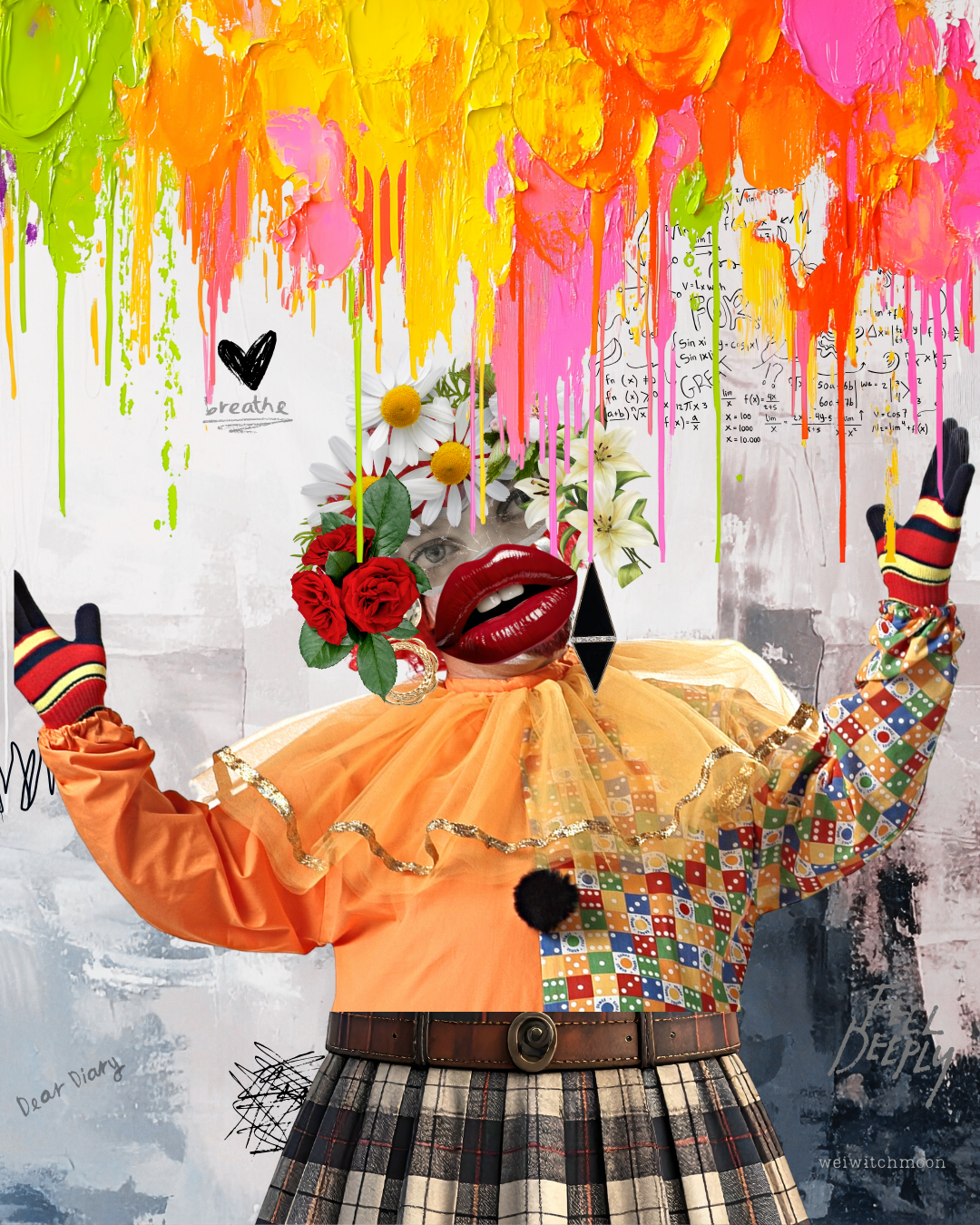 An artistic collage featuring a figure with a head composed of flowers, lips, and eyes, wearing colorful clothing and gloves, set against a background with paint splatters and mathematical sketches.