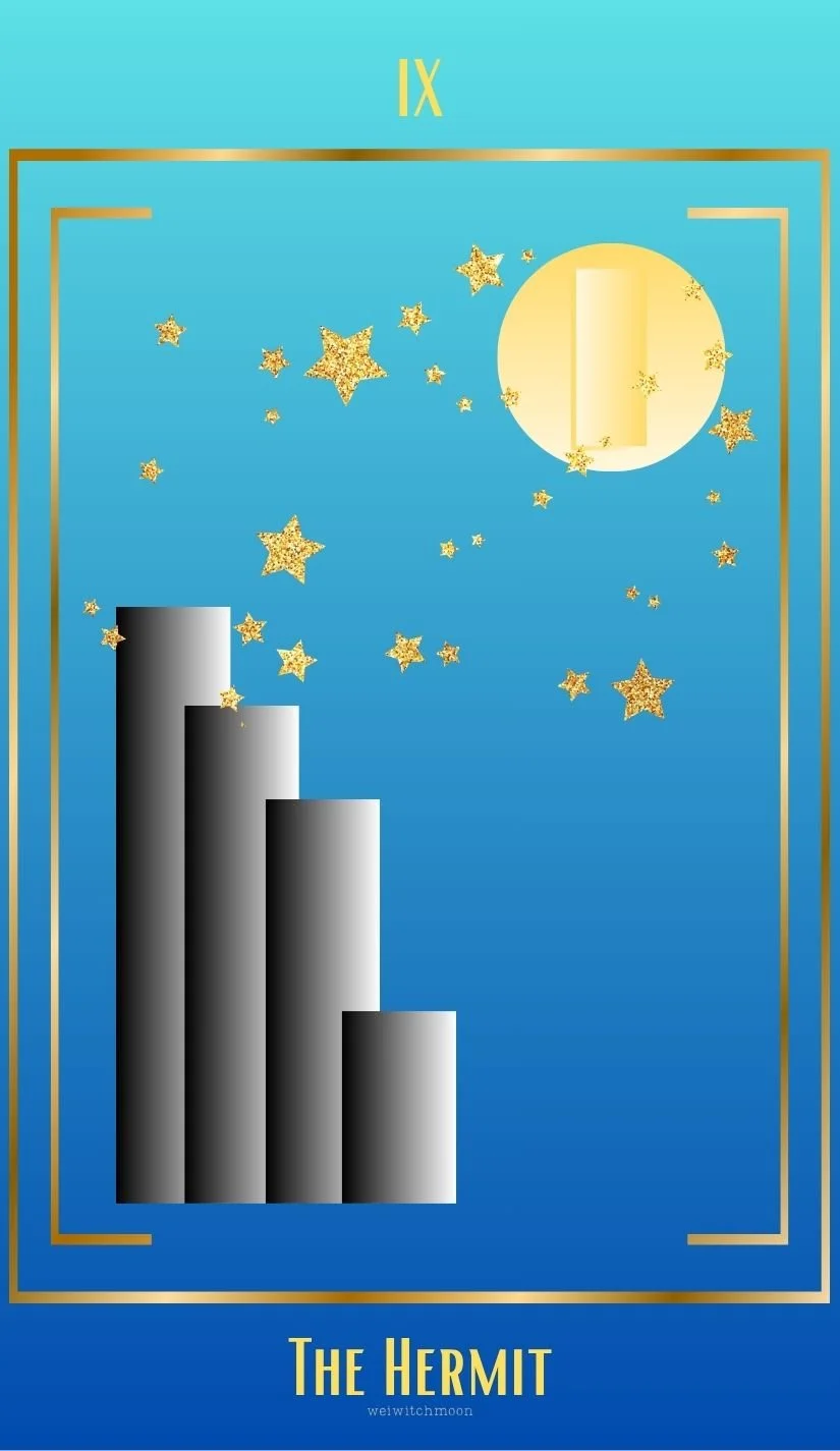 Tarot card titled 'The Hermit' with a starry blue background, gold stars, a large yellow circle, and a golden candle.