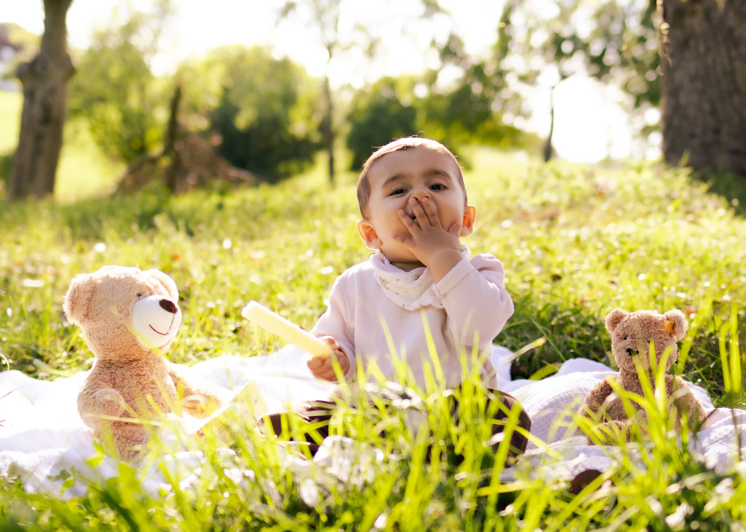 Ein Baby sitzt auf einer Decke im Park mit zwei Teddybären an seiner Seite, umgeben von grünem Gras und Bäumen, bei Sonnenlicht.
