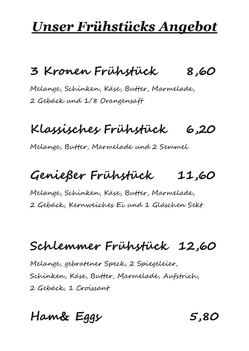 Speisekarte für Frühstücksangebote mit verschiedenen Frühstücksoptionen und Preisen.