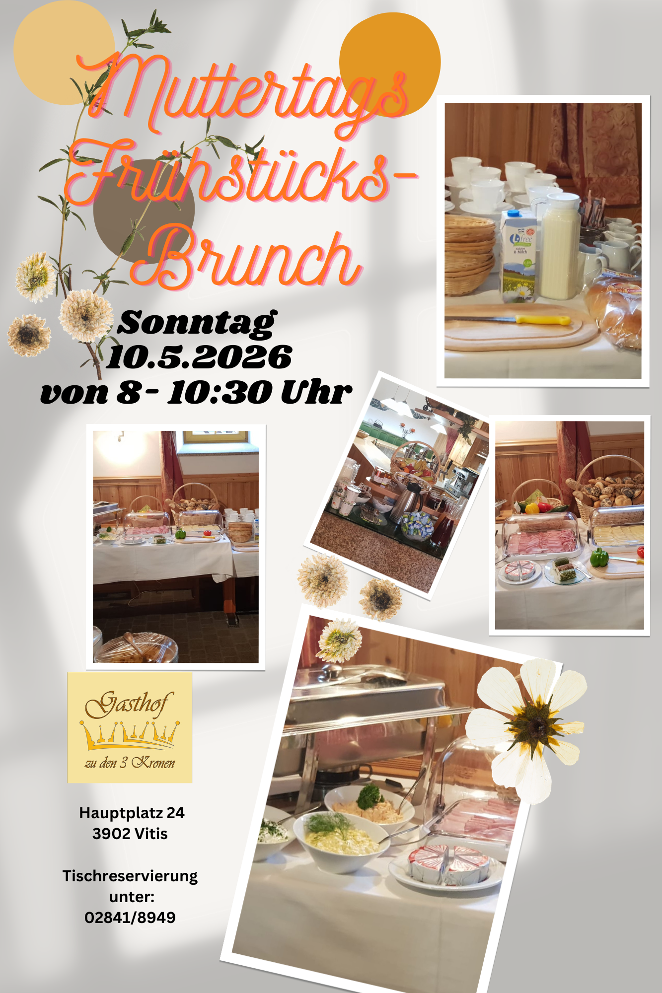 Ein Einladungsposter für ein Muttertagfrühstücks-Buffet am , Sonntag 10..Mai 2026, von 8 bis 10:30 Uhr im Gasthof zu den 3 Kronen in Vitis, mit Bildern von Frühstückstypen und Getränken.