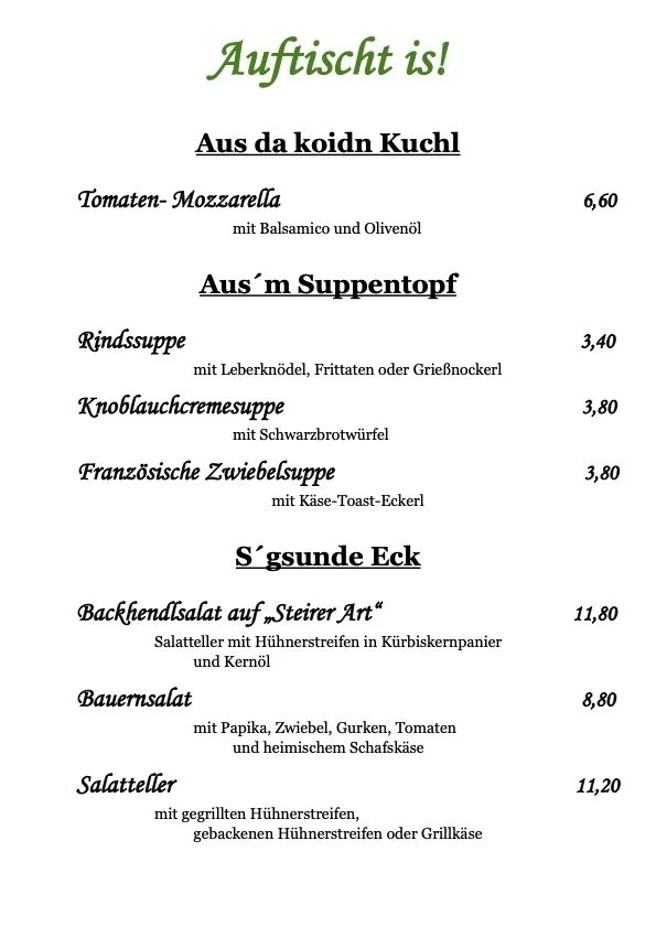 Speisekarte mit Vorspeisen und Salaten, inklusive Tomaten-Mozzarella, Rindersuppe, Knoblauchcremesuppe, französische Zwiebelsuppe, verschiedene Salate und Grillgerichte.