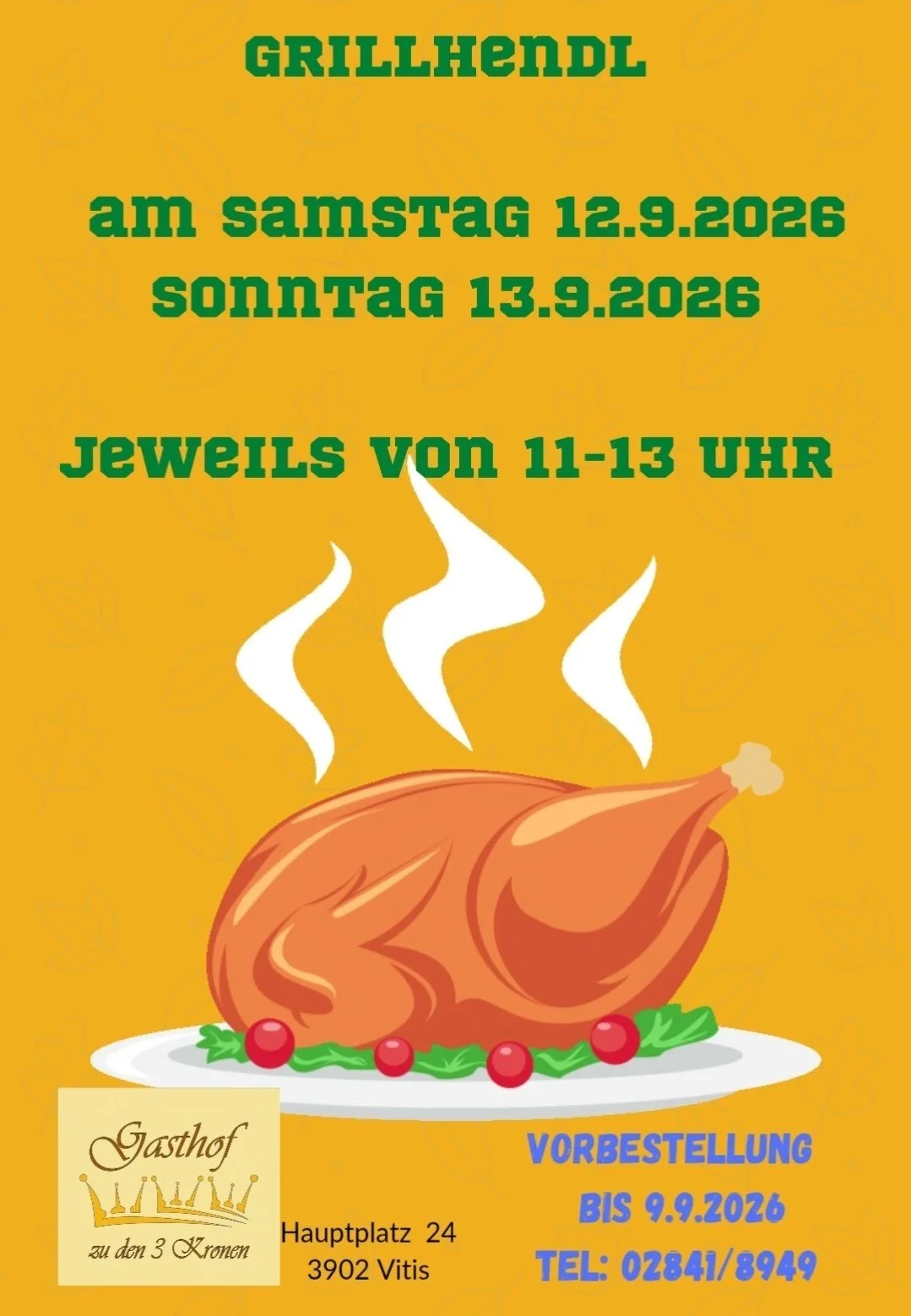 Flyer für eine Grill Veranstaltung am 1.5 und 2.5 von 11- 13 Uhr bei Gasthof zu den 3 Kronen