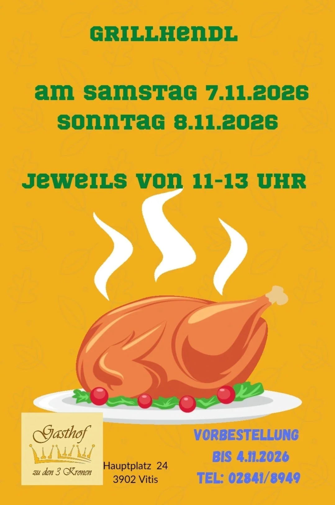 Flyer für eine Grill Veranstaltung am 1.5 und 2.5 von 11- 13 Uhr bei Gasthof zu den 3 Kronen