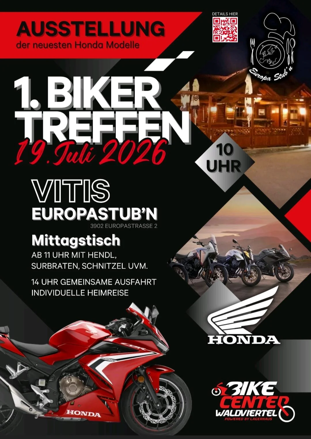Flyer für eine Motorrad- und Biker-Treffen am 19. Juli 2026 mit einem roten Honda Motorrad, mehrere Motorräder, Getränke im Freien, ein Restaurant, und Logos von Honda und Bike Center Waldviertel.