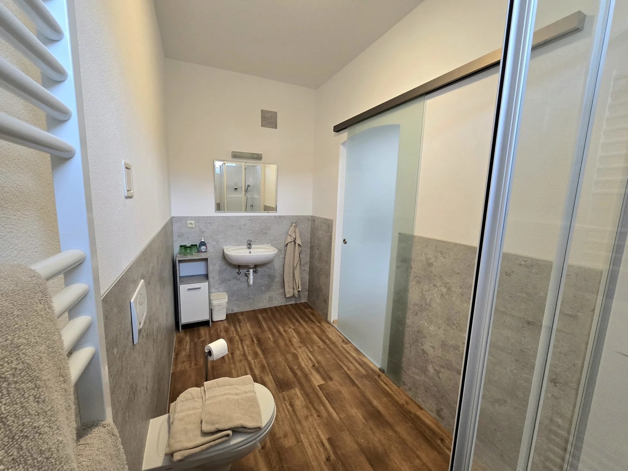Ein barrierefreies Badezimmer mit Toilette, Waschbecken, Dusche mit Glaswand, Handtüchern, Spiegel, und Holzfußboden.