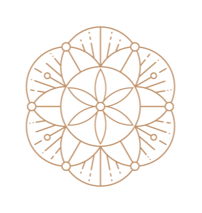 A symmetrical, intricate geometric pattern in gold on a black background, resembling a mandala or ornamental design.