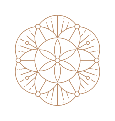 A complex geometric mandala design with interconnected circles and symmetrical patterns, rendered in a light brown color on a black background.