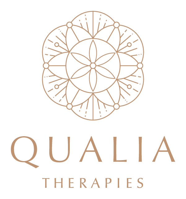 A logo with a geometric design resembling a mandala, and the words 'QUALIA THERAPIES' underneath.