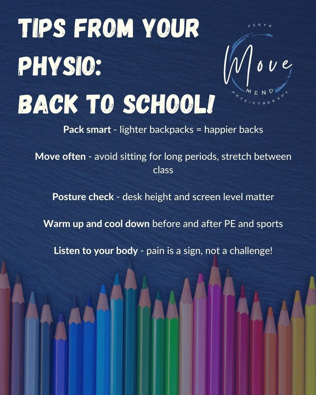 Back to school doesn&rsquo;t mean back to pain 🎒
Move well, pack light, take breaks &amp; don&rsquo;t skip your rehab 💪
Your body will thank you 👏
#Physio #BackToSchool #AshbyPhysio #PerthPhysio #MoveWellLiveWell