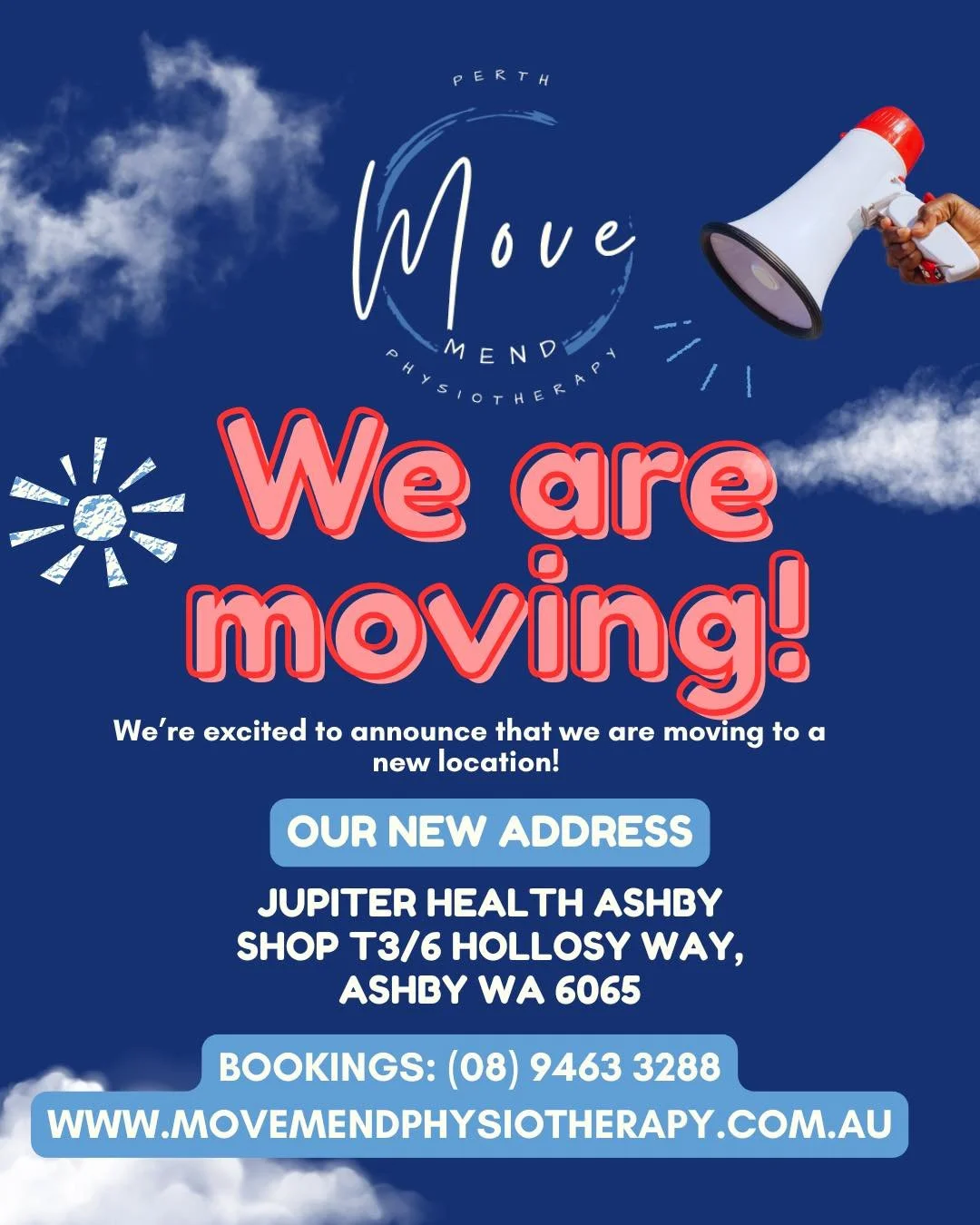 Exciting News 🤩
📍 We&rsquo;re moving!
From 2nd Feb 2026, MoveMend Perth Physiotherapy will be welcoming you at our new home inside Jupiter Medical Centre, Ashby.
Same team, same care&mdash;just a new space ✨
We can&rsquo;t wait to see you there!