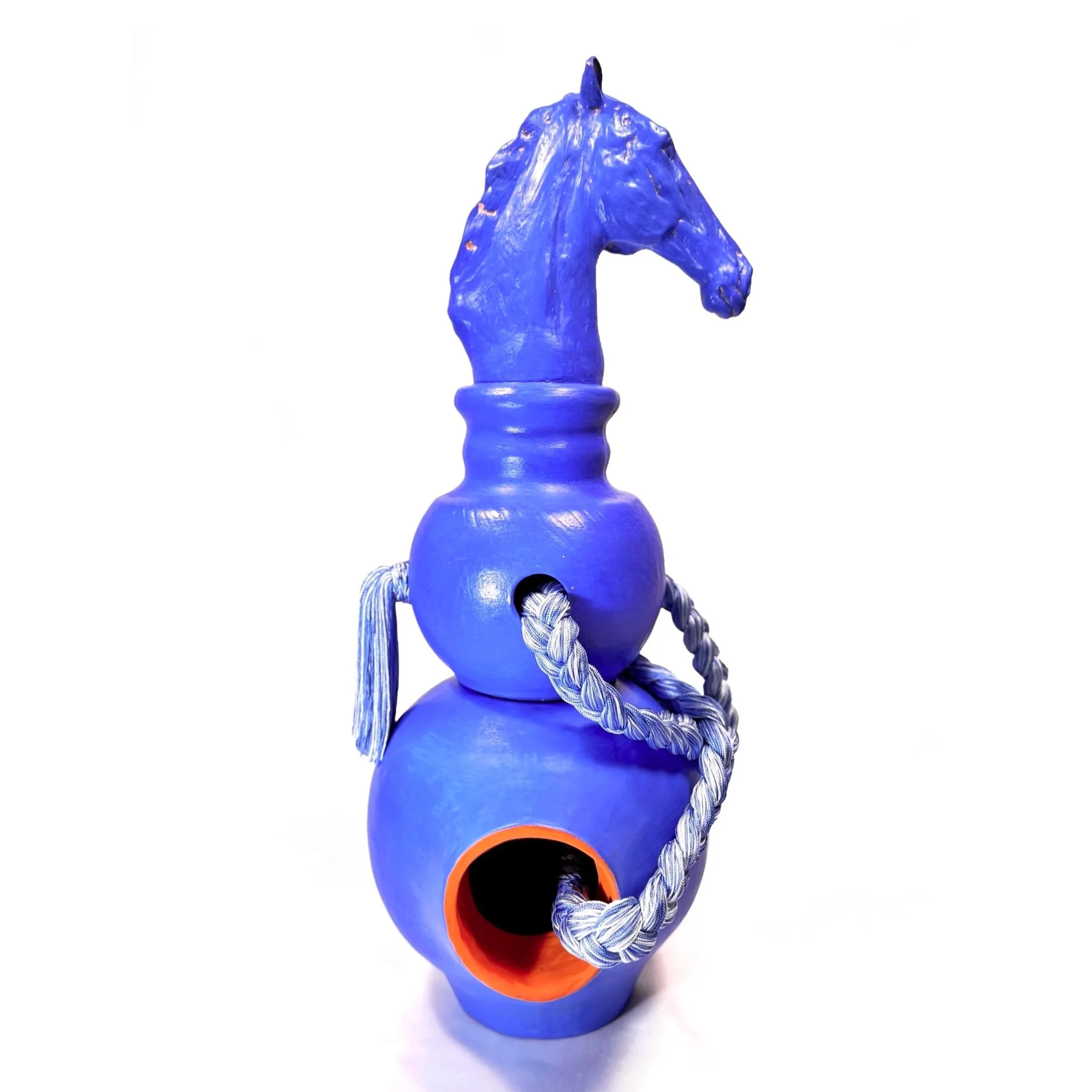 Side view of Blue Horse, a contemporary handmade ceramic horse sculpture with woven rope detail.