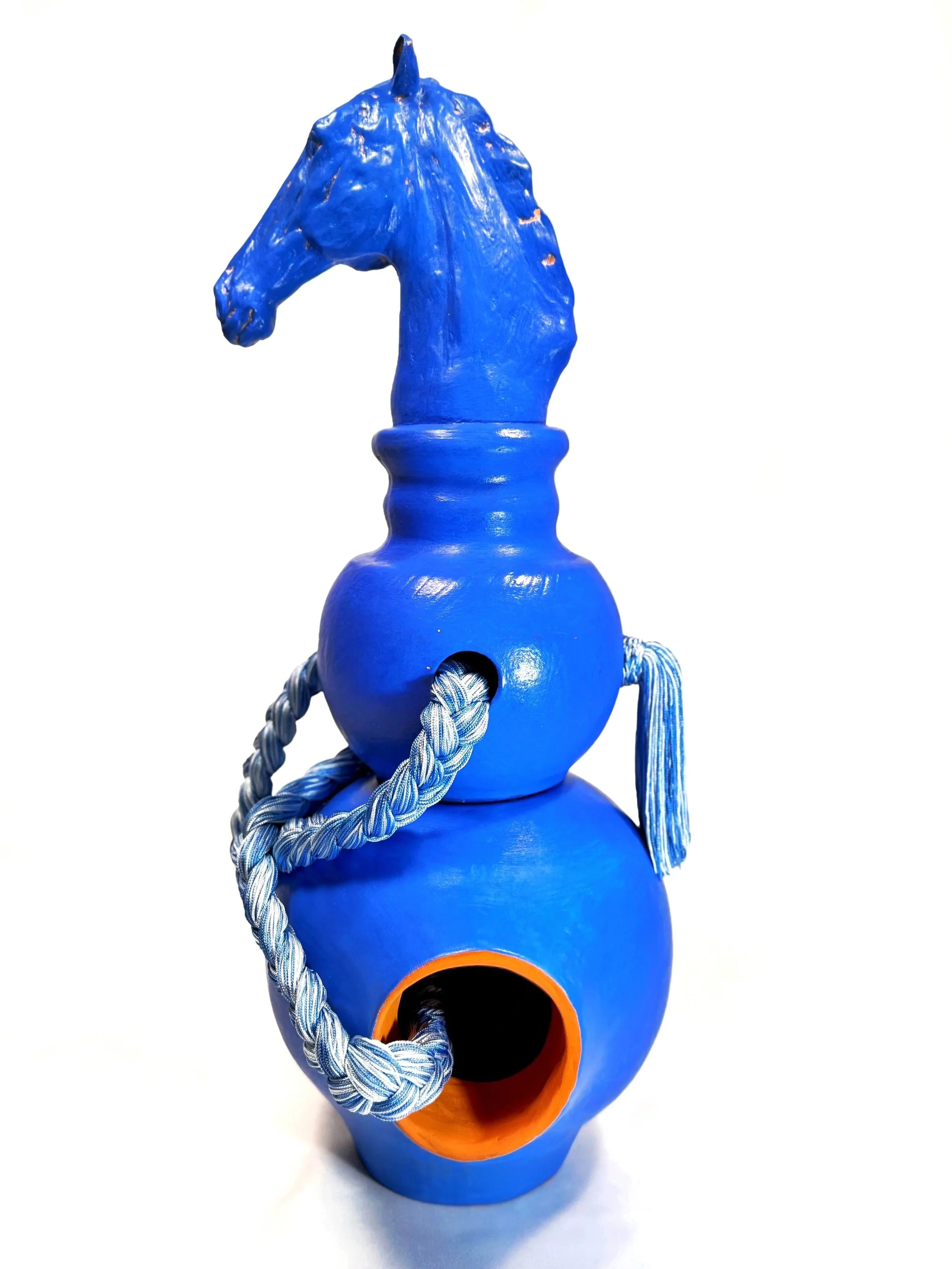 Blue ceramic horse sculpture handcrafted in Italy by Il Cavallo Verde Studio