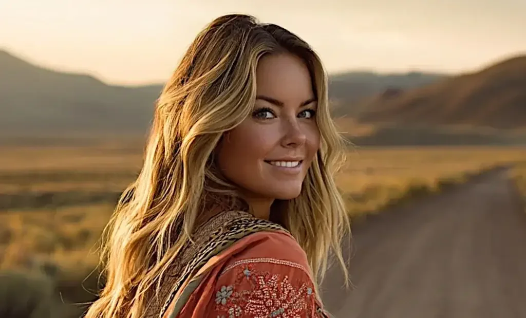 Country music artist Lacey René walking down a dirt road smiling at the camera