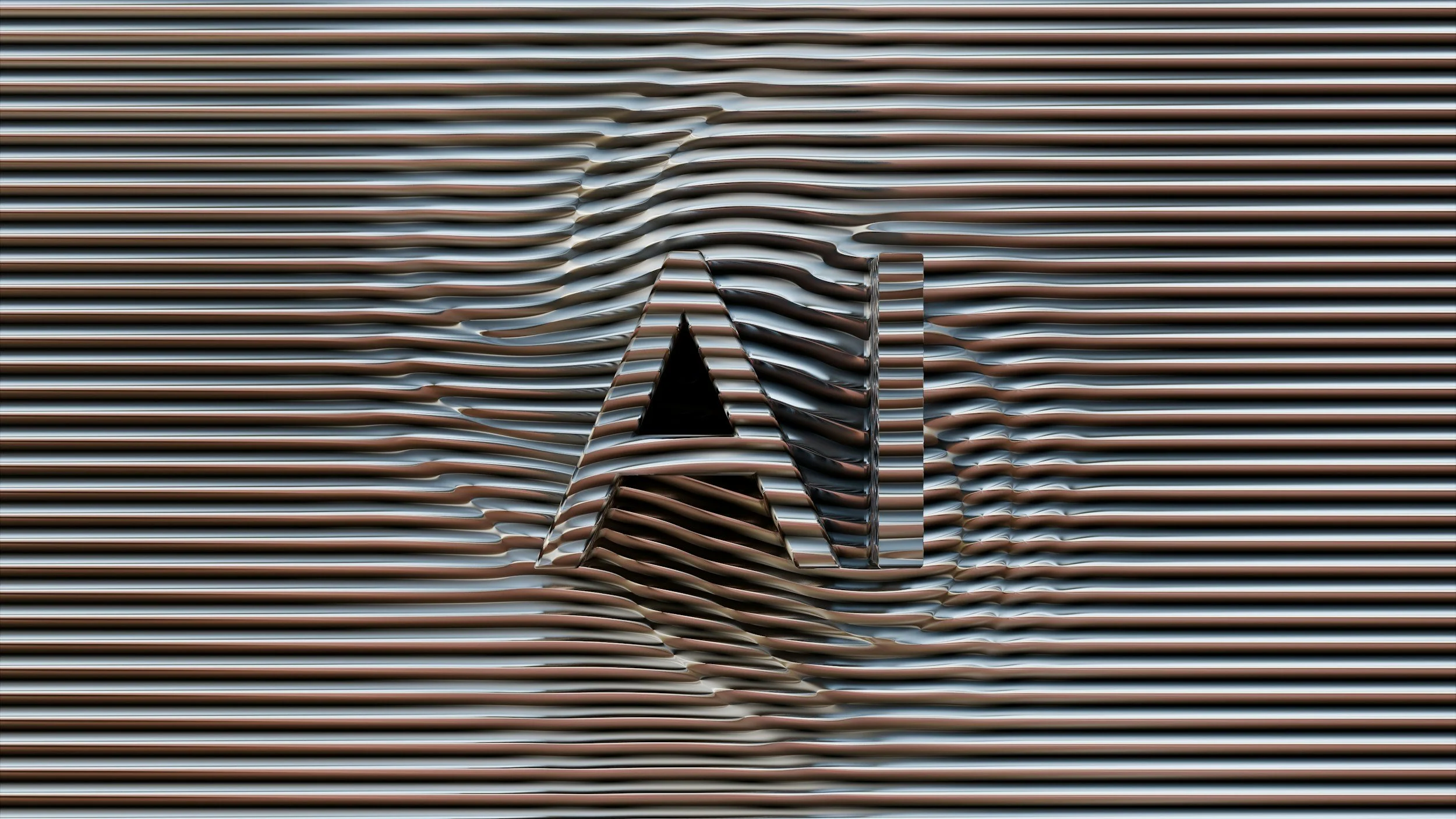 Close-up of a metallic surface with horizontal ridges and a stylized letter 'A' in the center.